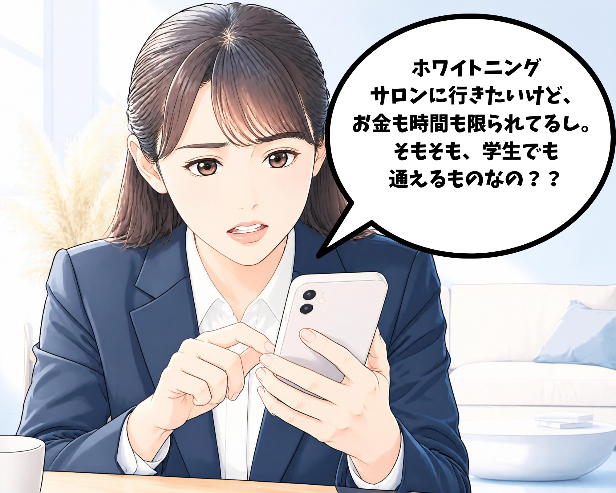 スマホで仙台のホワイトニング店舗を検索している就活生の様子