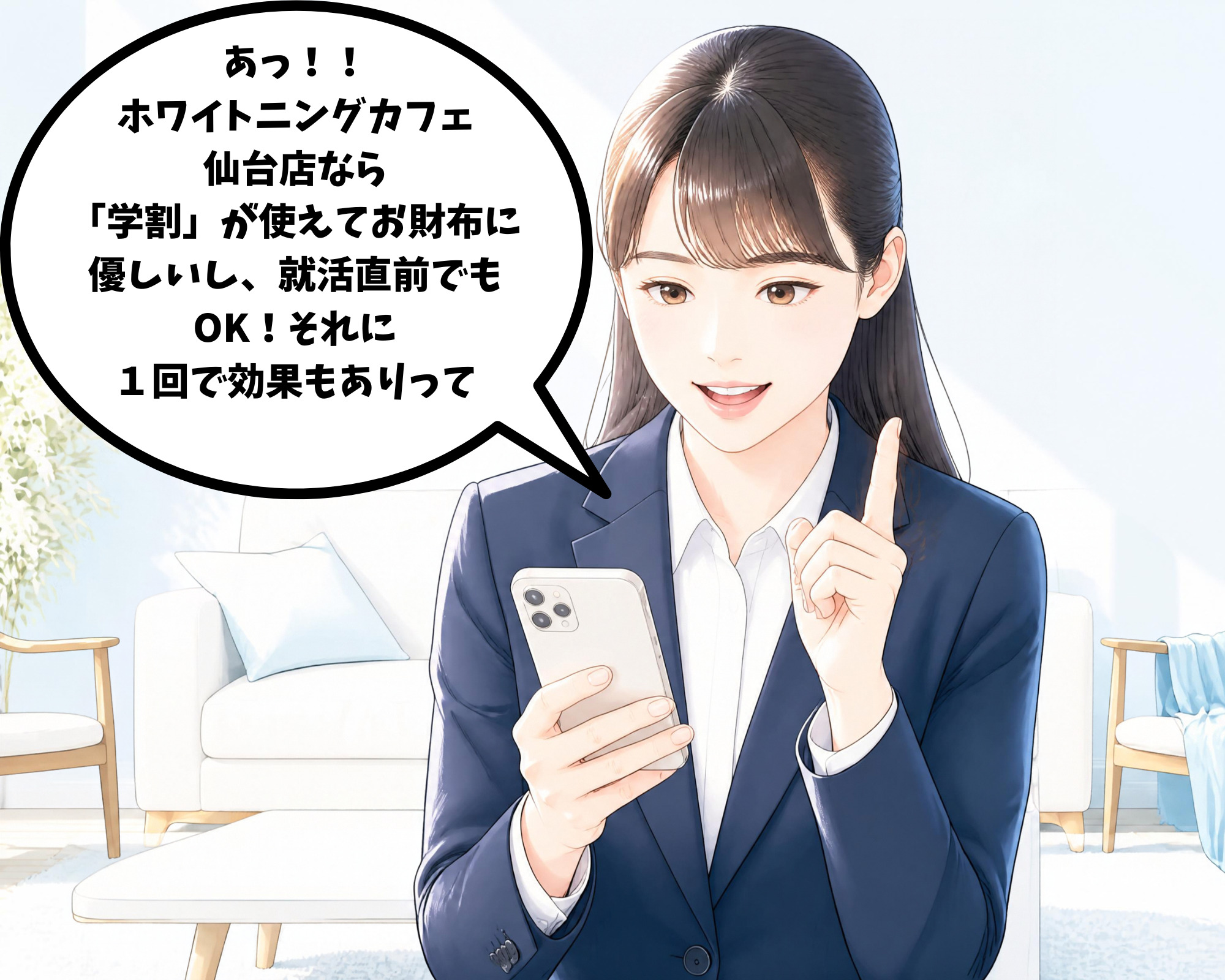 ホワイトニングカフェ仙台店が1回でも効果があるとスマホで発見したシーン