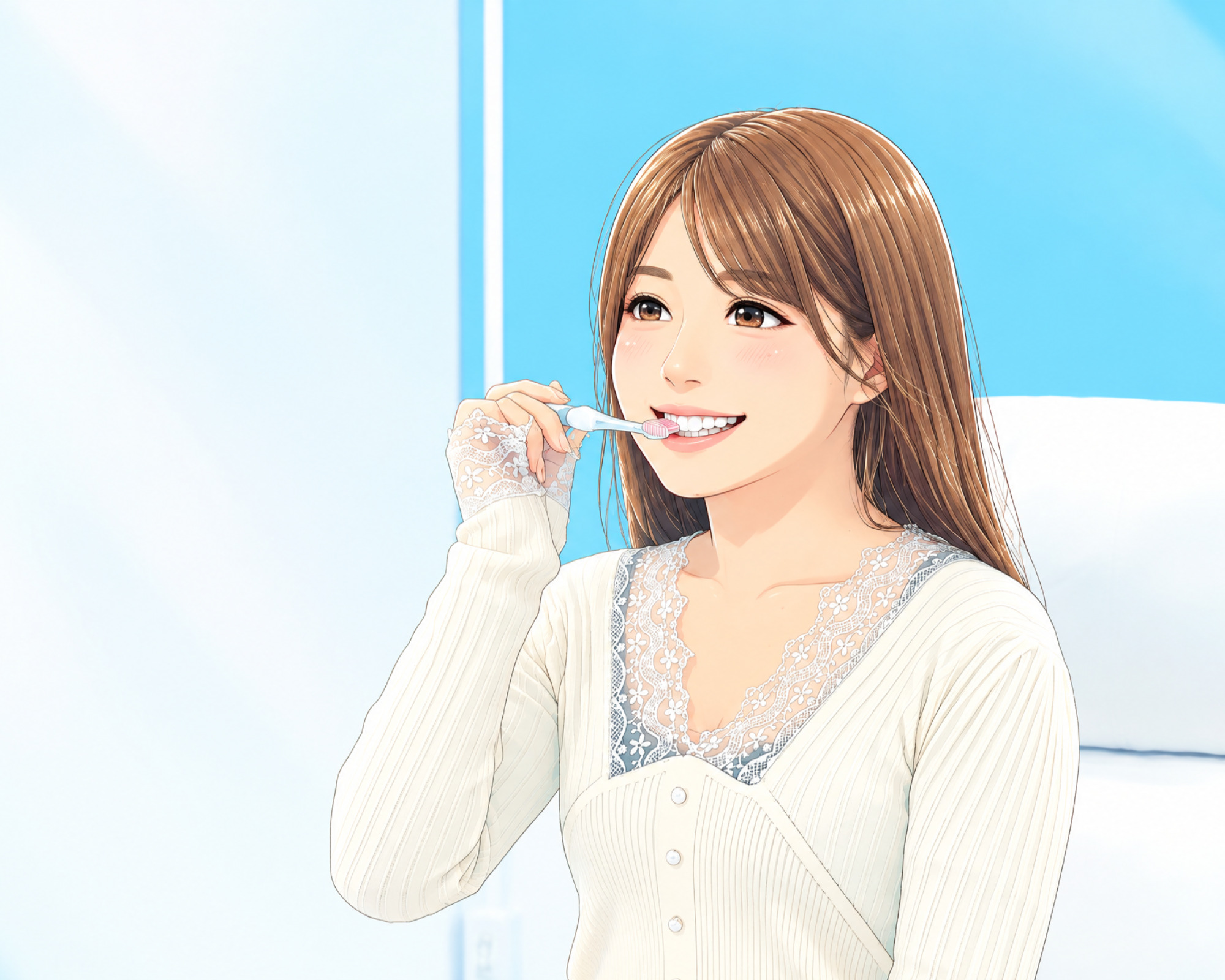 ライト照射後に再度歯磨きをして口の中をすっきりさせる様子