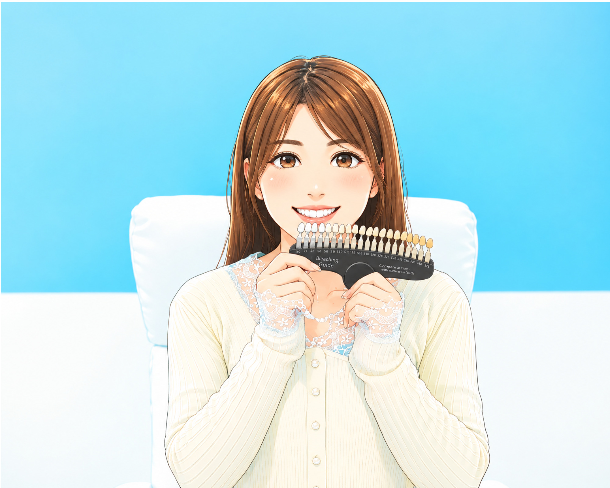 最後に最初の歯の色と白くなったトーンを確認して感動している様子