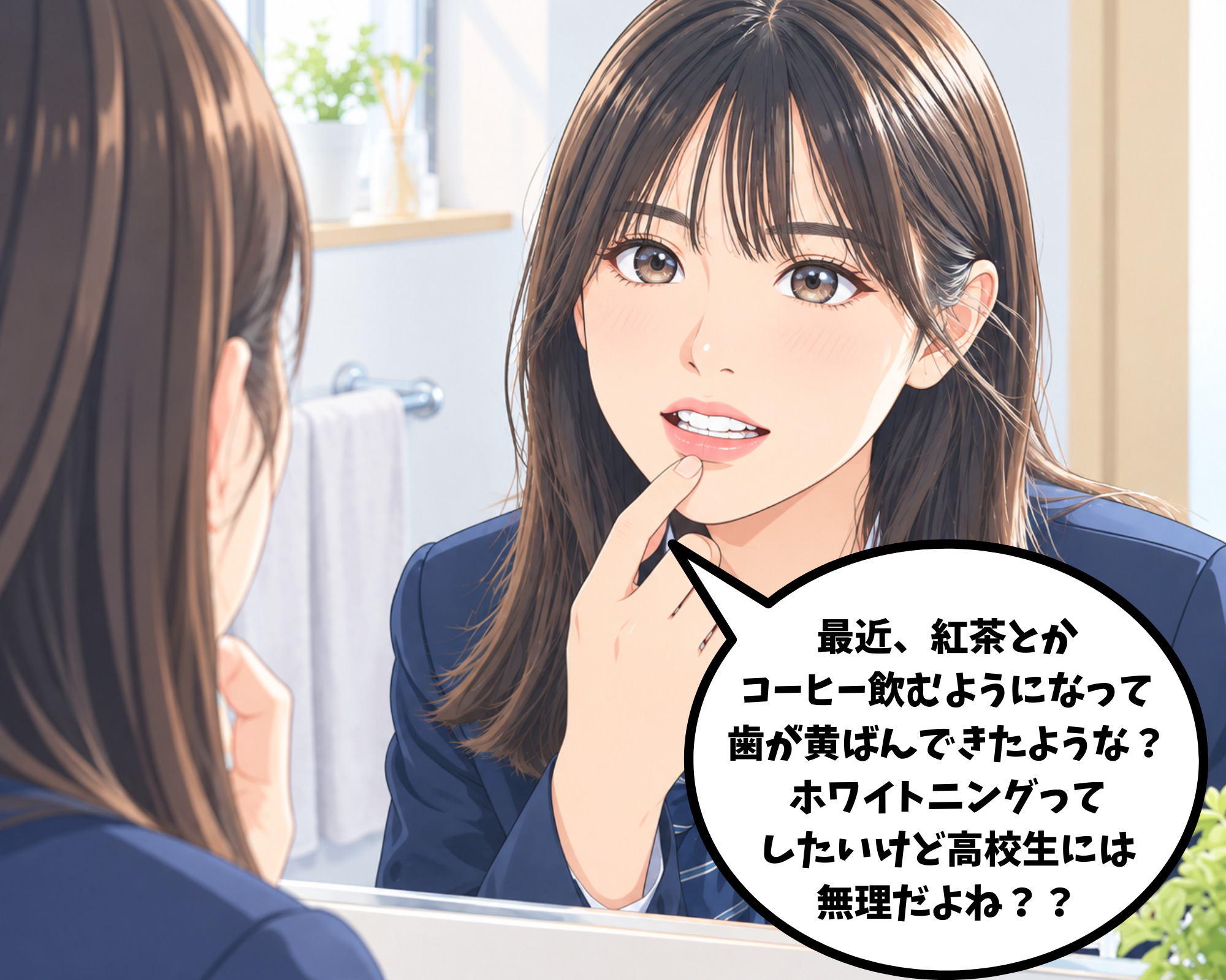 ホワイトニングをしたいけれど高校生でも行けるのかと悩んでいる女性のイラスト