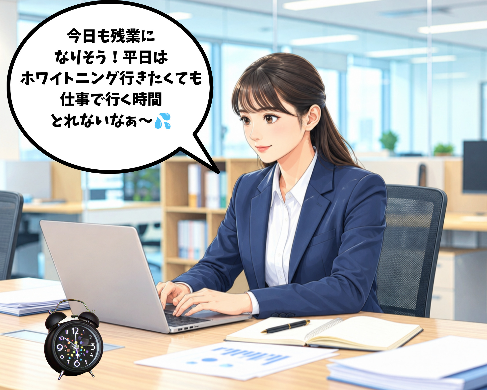 平日は仕事の残業が多くホワイトニングに通う時間がないと悩む仙台の女性のイラスト