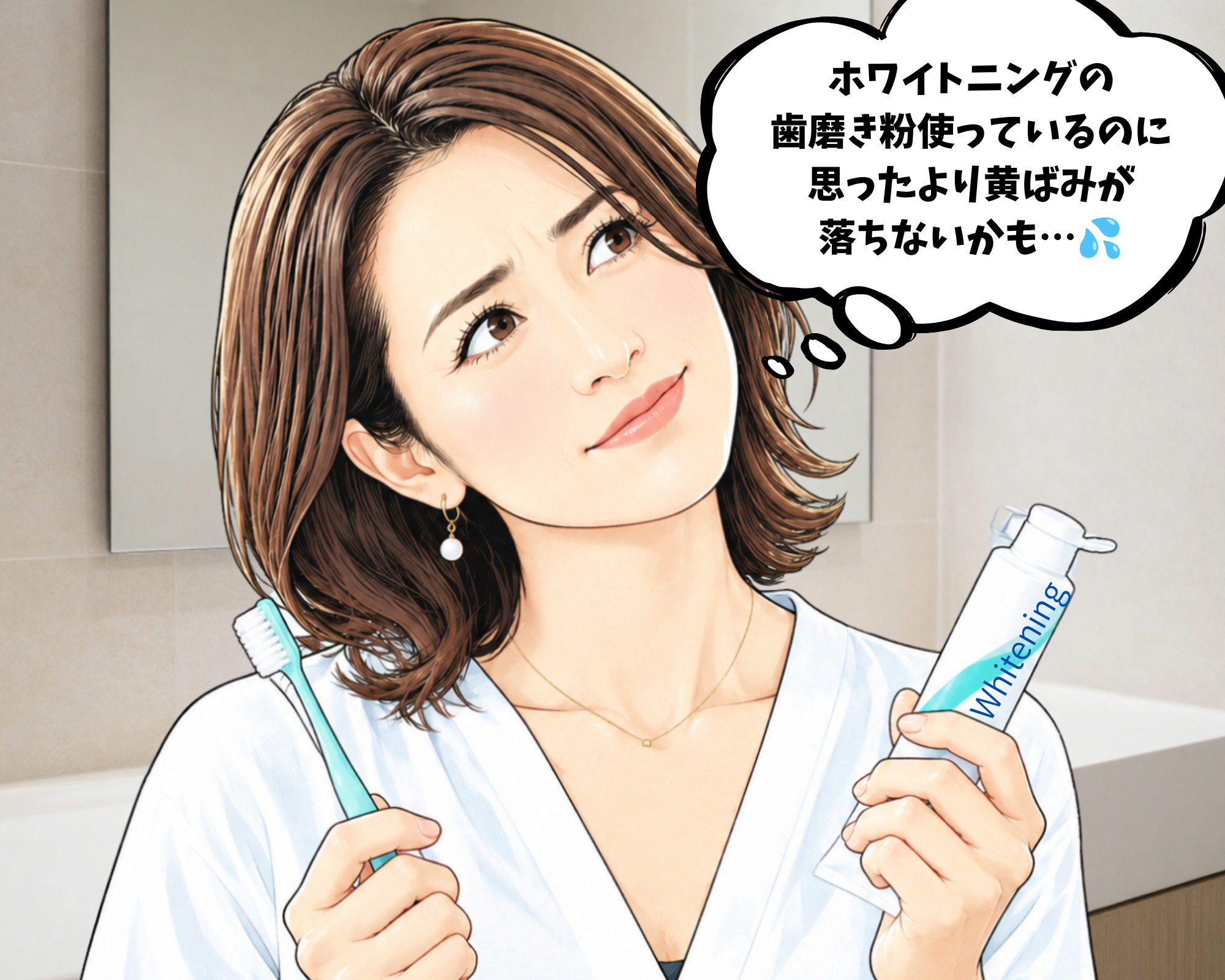 市販のホワイトニング歯磨き粉で磨いているのに歯が白くならないと悩む女性のイラスト