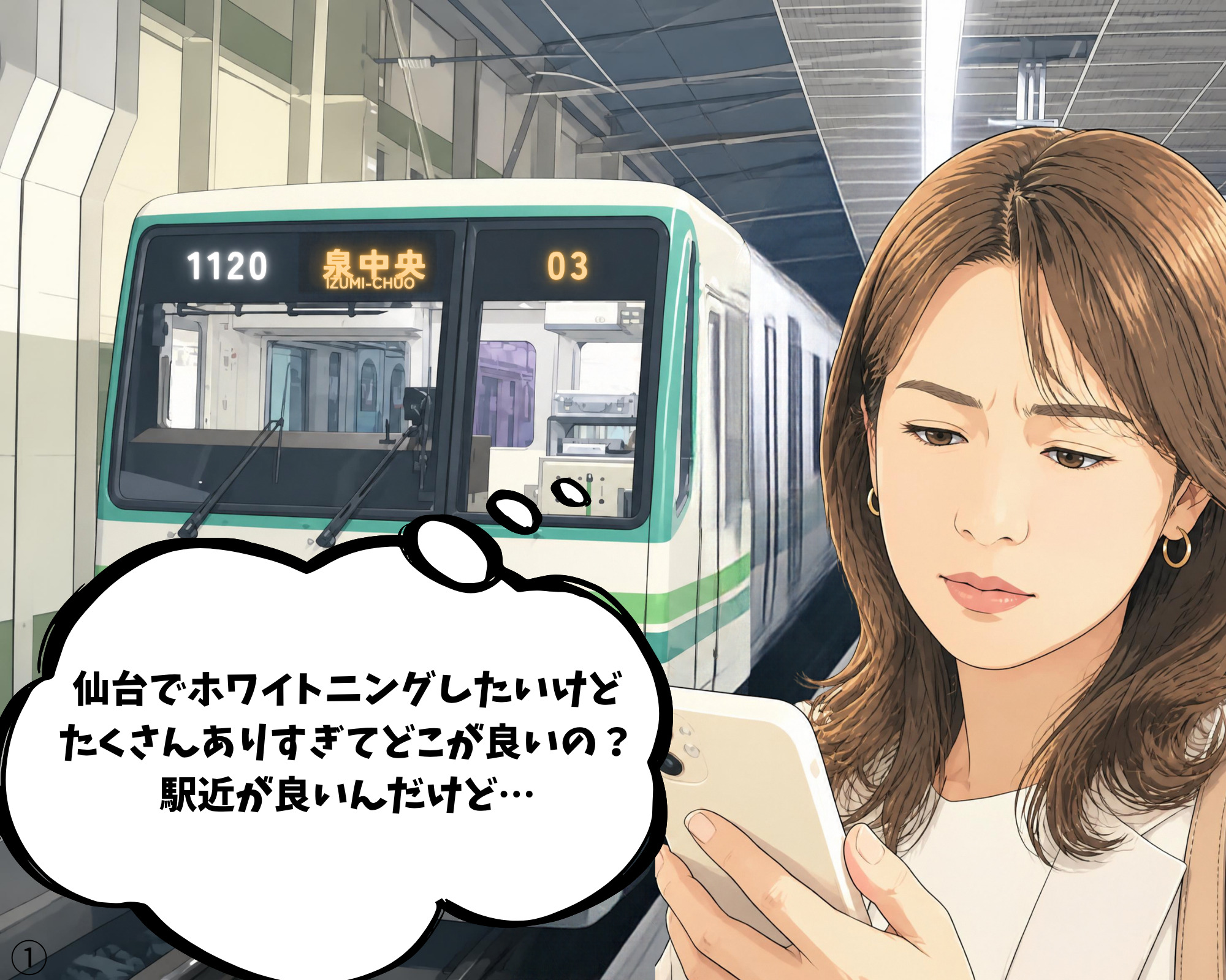 仙台駅周辺でどこでホワイトニングをしようか悩んでいる女性のイラスト