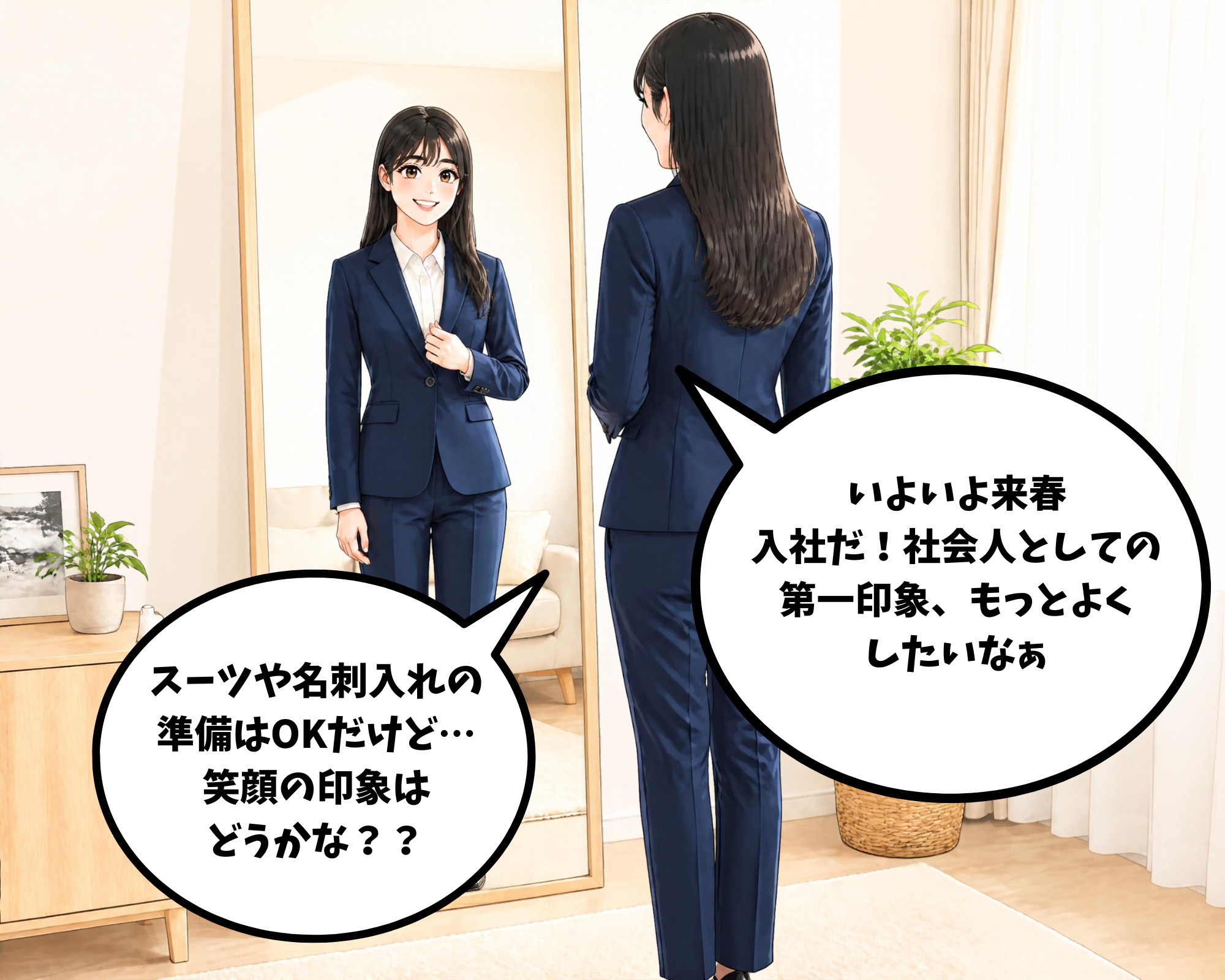 入社準備が終わり、笑顔や第一印象を気にして鏡を見ている女性のイラスト