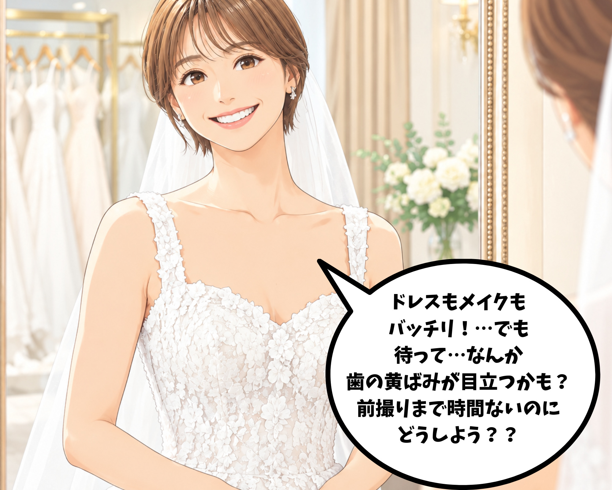 前撮りの衣装合わせでドレスの白さと歯の黄ばみの落差に悩む女性 マンガ1コマ目 ホワイトニングカフェ仙台店