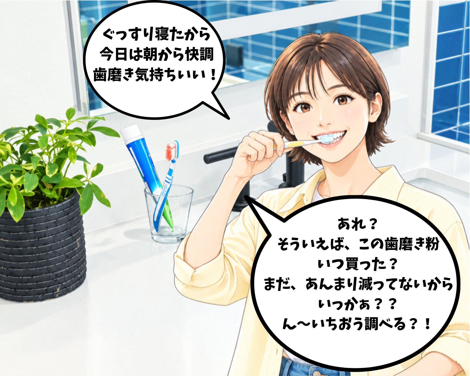 朝の歯磨きをしながら歯磨き粉の使用期限や開封後の経過が気になっている女性のイラスト