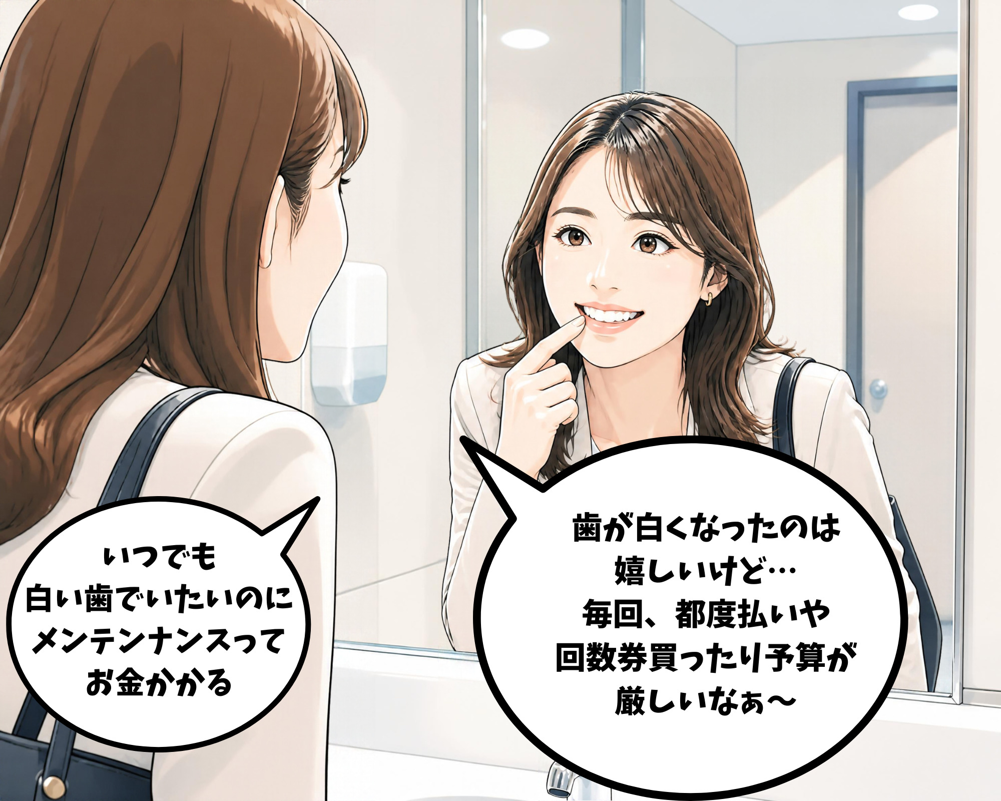 都度払いや回数券でホワイトニングに通う予算に悩んでいる女性のイラスト