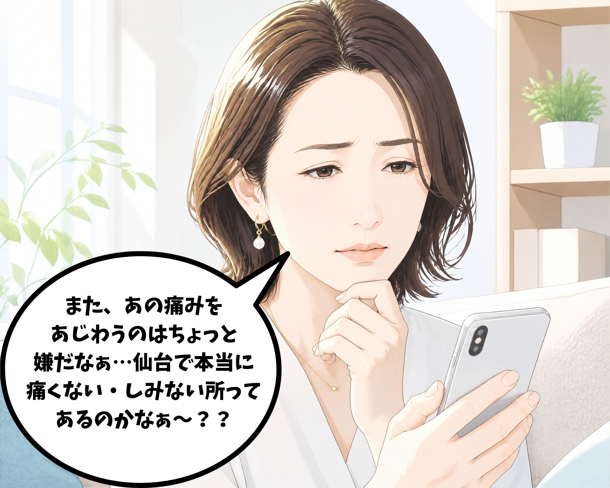 スマホで痛みのないホワイトニング方法を検索している女性のイラスト