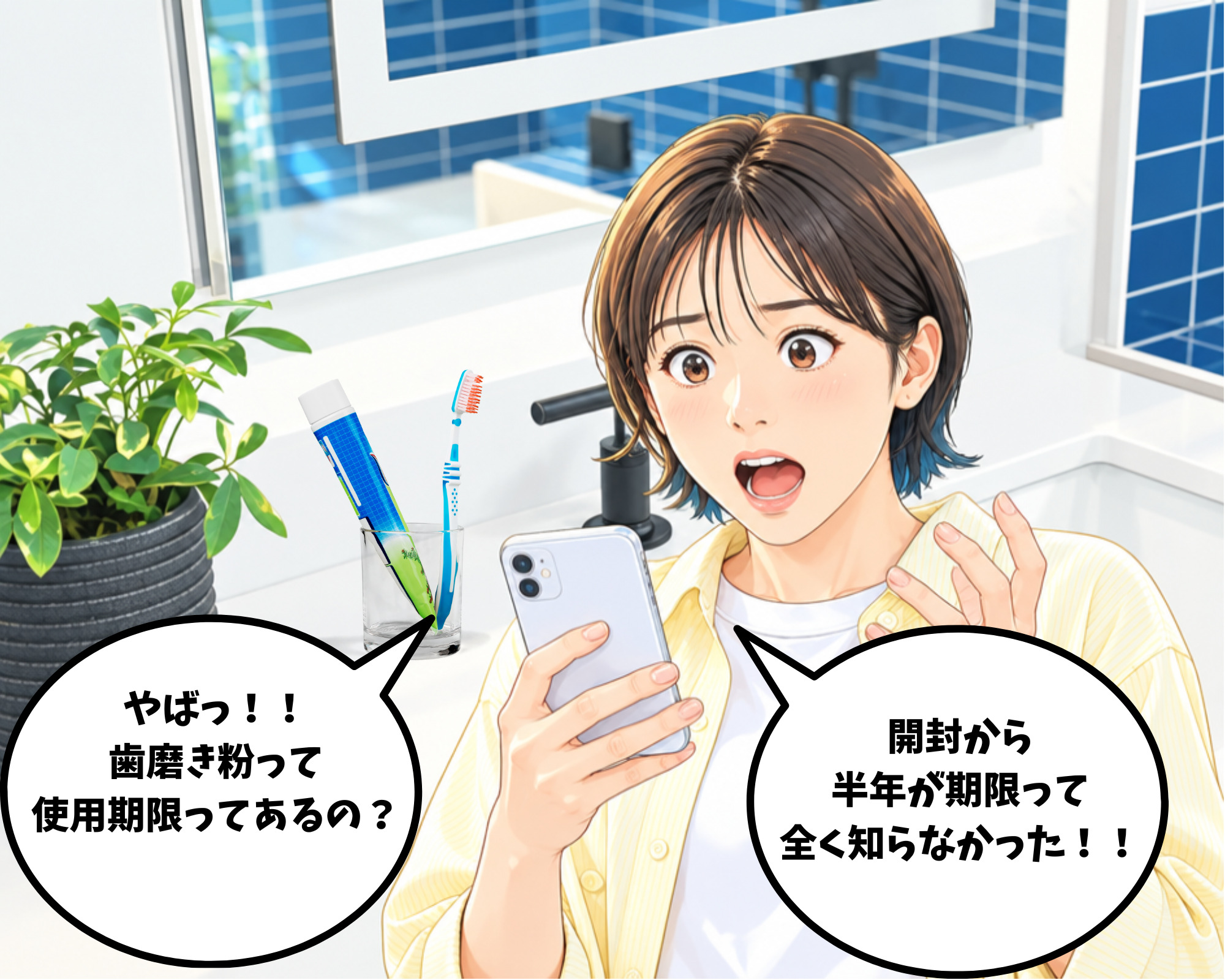 ネットで検索して歯磨き粉に開封後約6ヶ月という使用期限があると知り驚く女性のイラスト