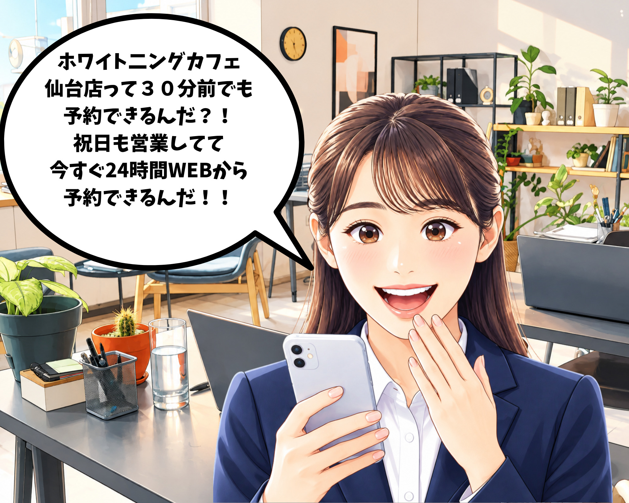 ホワイトニングカフェ仙台店なら祝日や夜間も営業していて24時間当日WEB予約可能と知り喜ぶ女性のイラスト