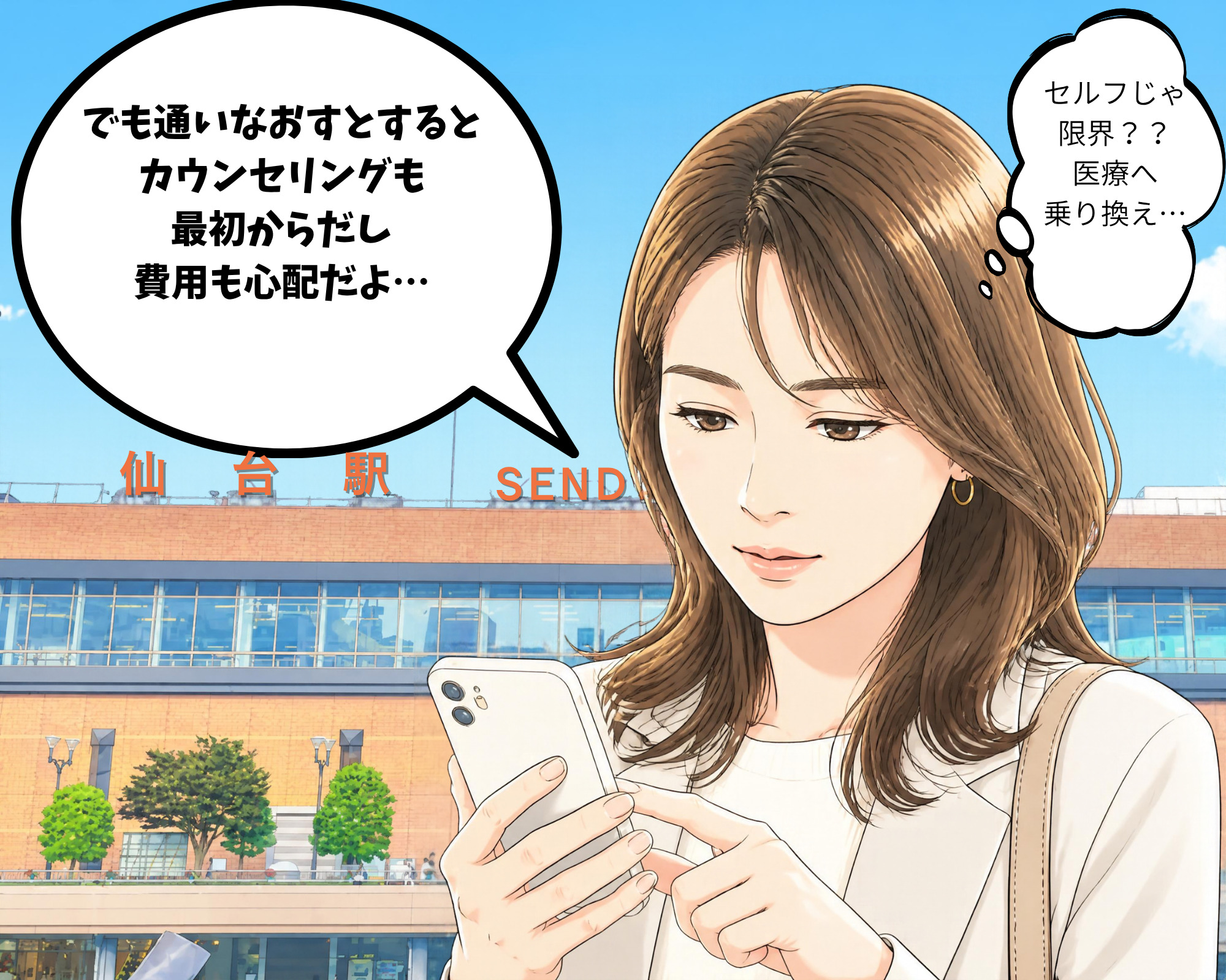 医療ホワイトニングへの乗り換えを検討してスマホで調べている女性のイラスト