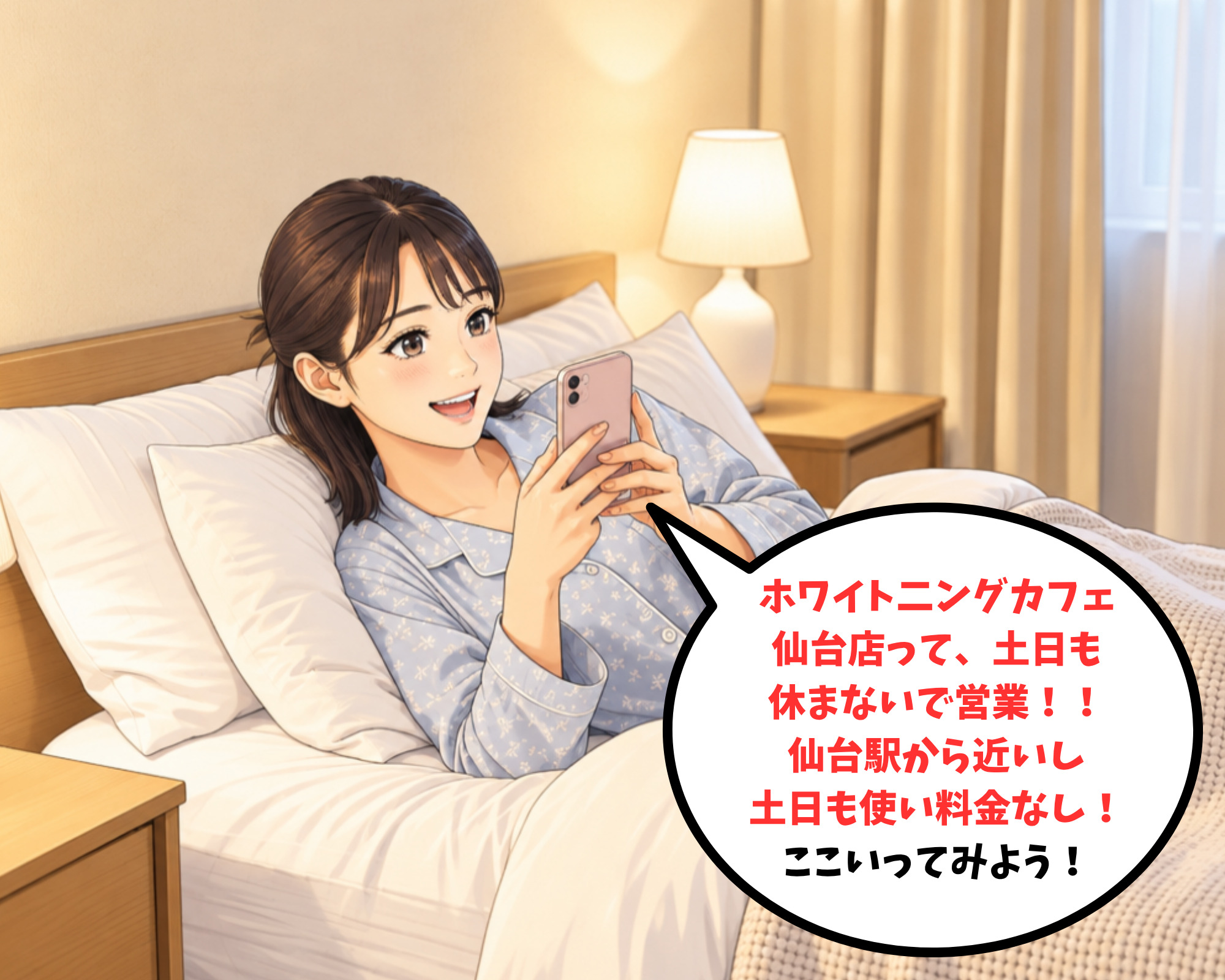 土日祝日も営業していて仙台駅から通いやすいホワイトニングカフェ仙台店を見つけて喜ぶ女性のイラスト