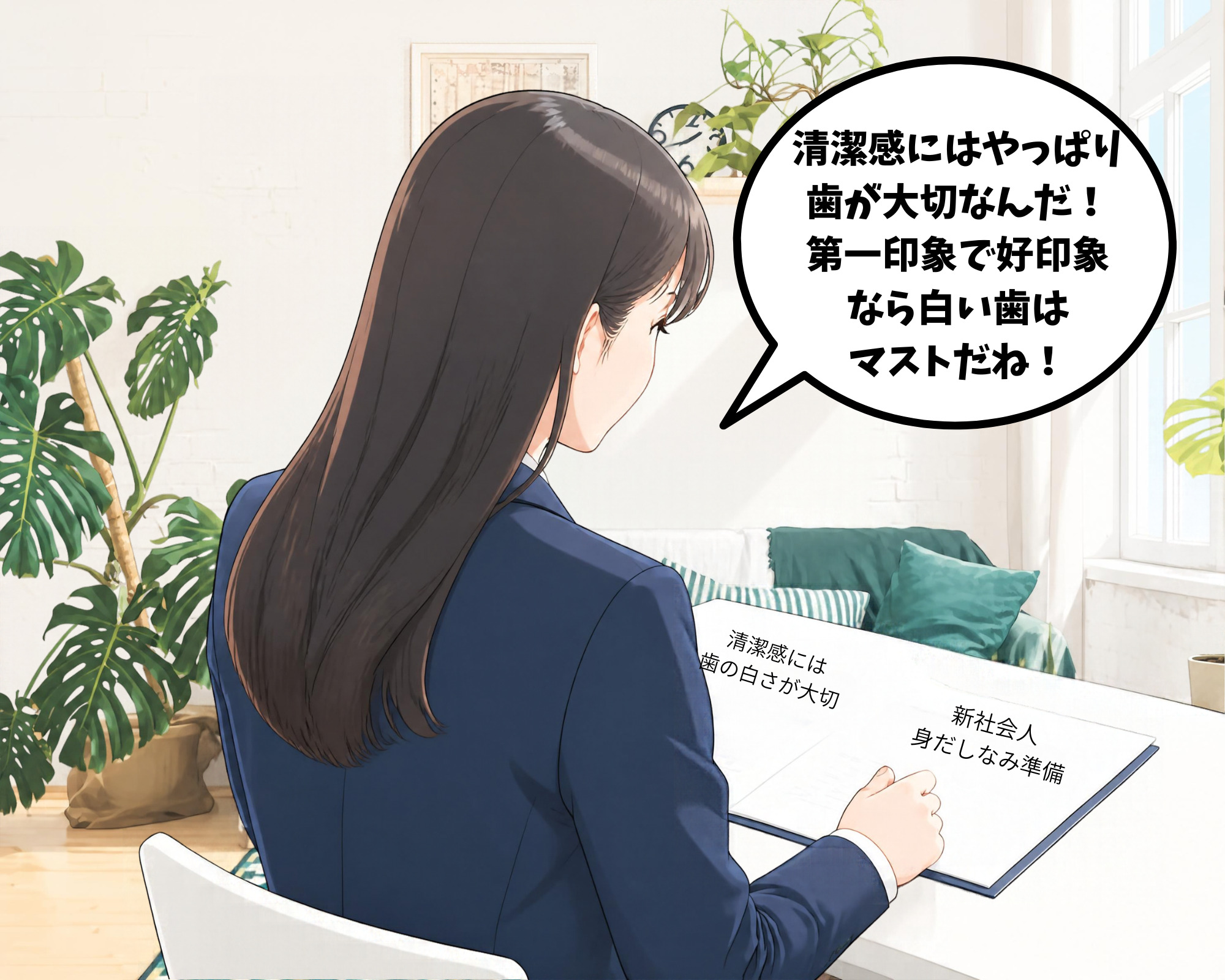清潔感のある第一印象にするためには歯の白さが必要だと気づいた女性のイラスト