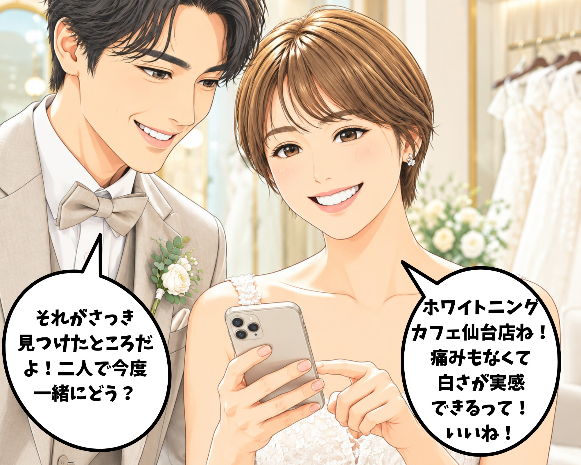 前撮り前にカップル二人でホワイトニングに行こうと相談するプレ花嫁と新郎 マンガ2コマ目 ホワイトニングカフェ仙台店