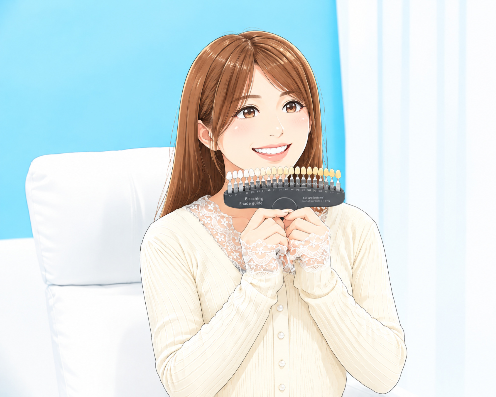 施術前に現在の自分の歯の色をシェードガイドでチェックしている様子