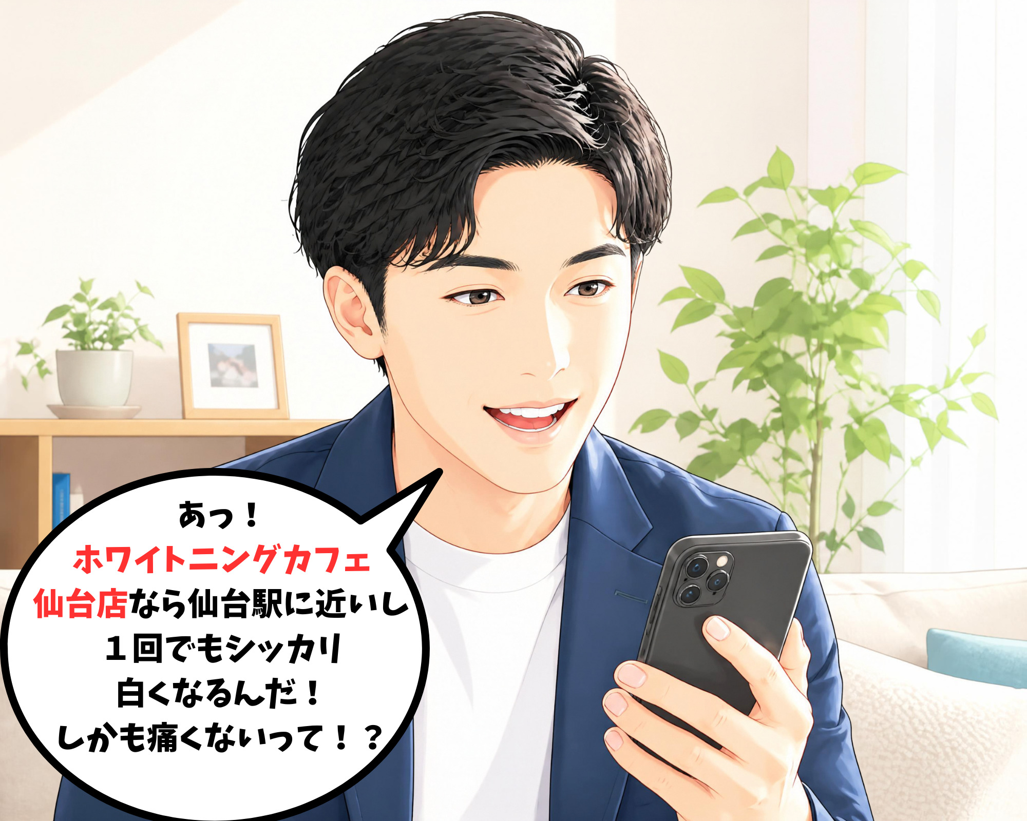 スマホでホワイトニングカフェ仙台店が1回で白くなると知って発見したシーン