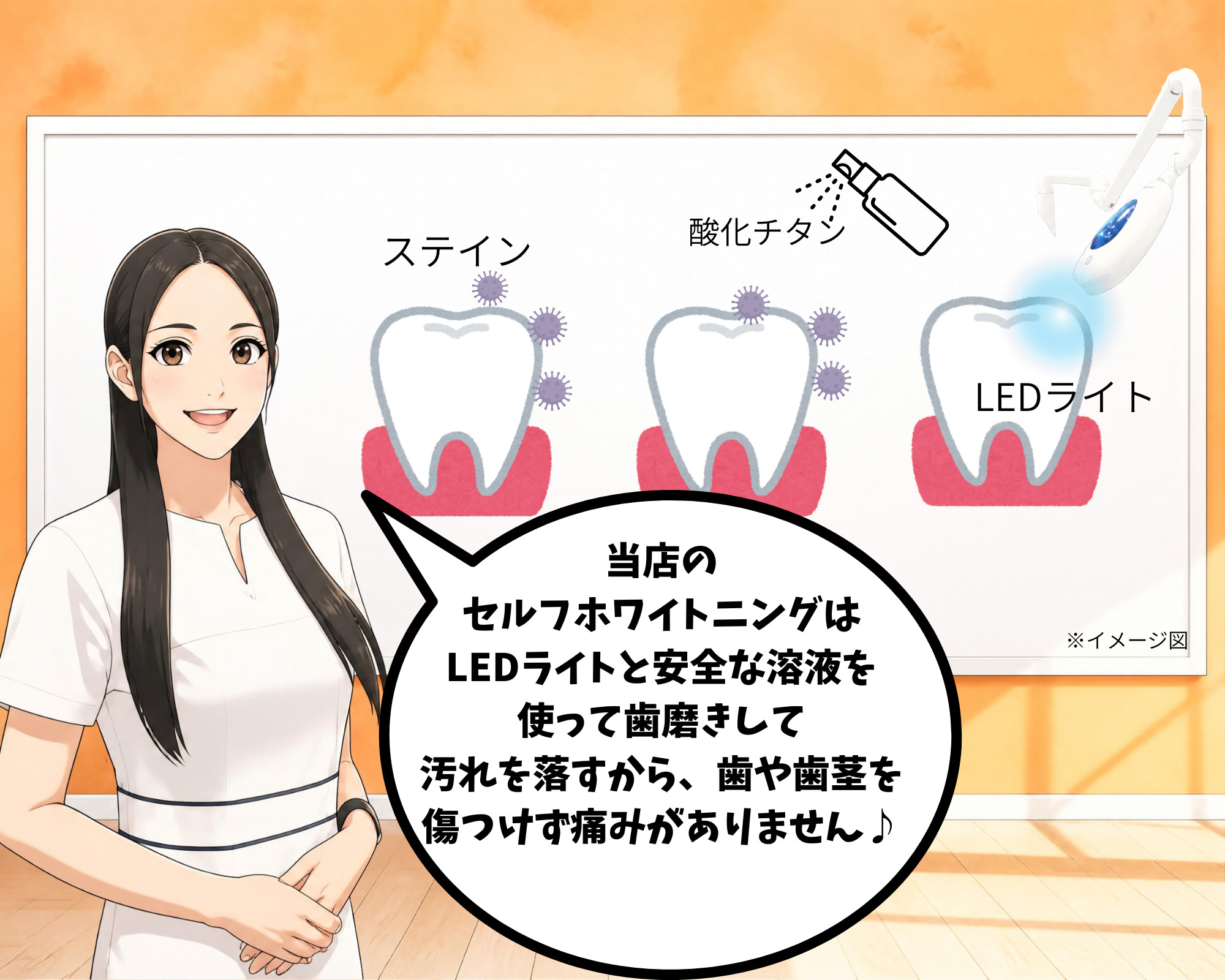 ホワイトニングカフェでしみない仕組みについて解説を受ける女性のイラスト