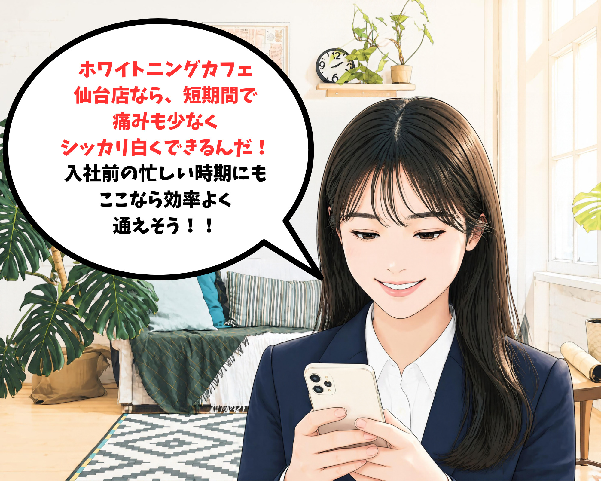 ホワイトニングカフェ仙台店なら短期間で痛みがないことを知って喜んでいる女性のイラスト