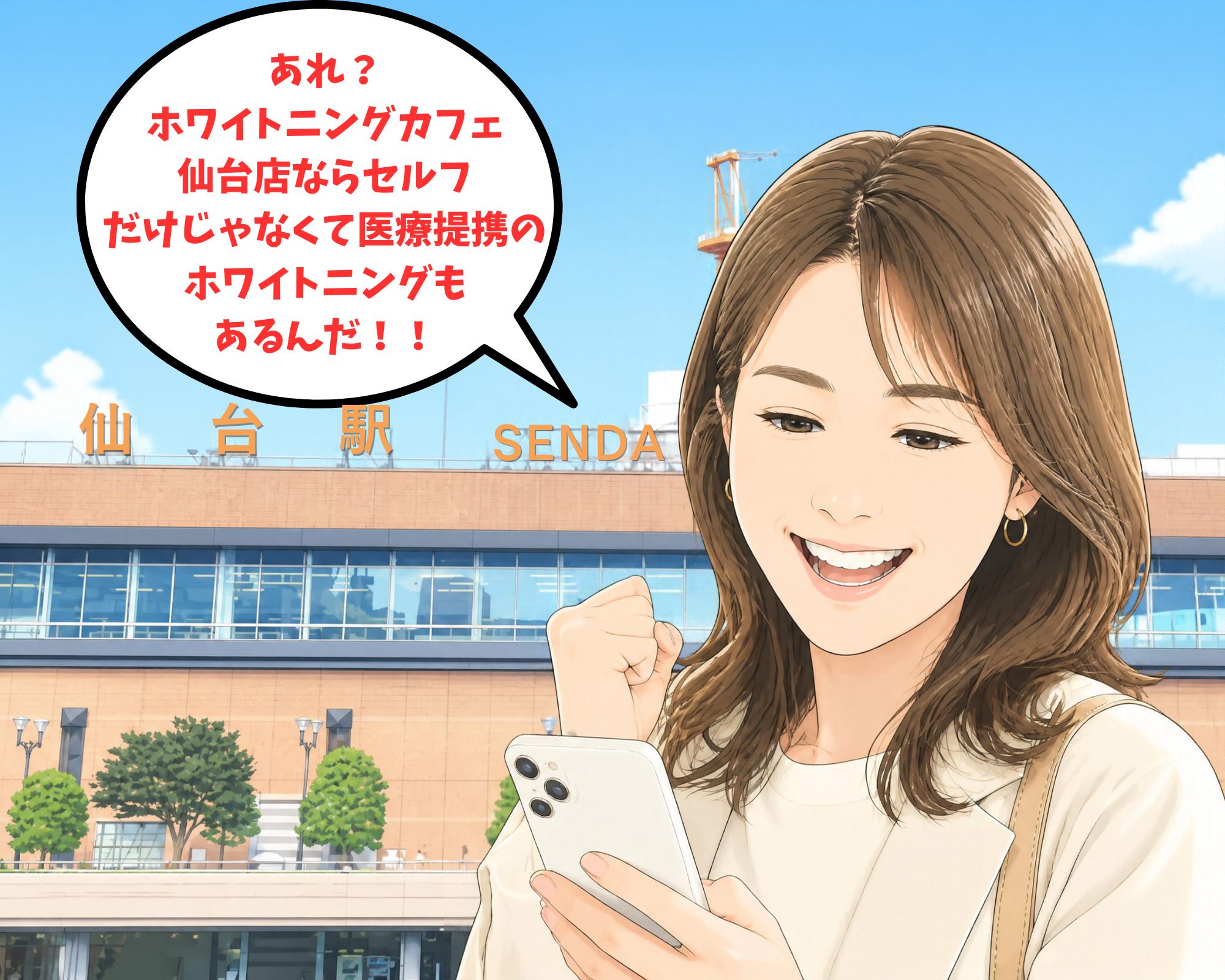 ホワイトニングカフェ仙台店なら医療ホワイトニングも受けられると知って喜んでいる女性のイラスト