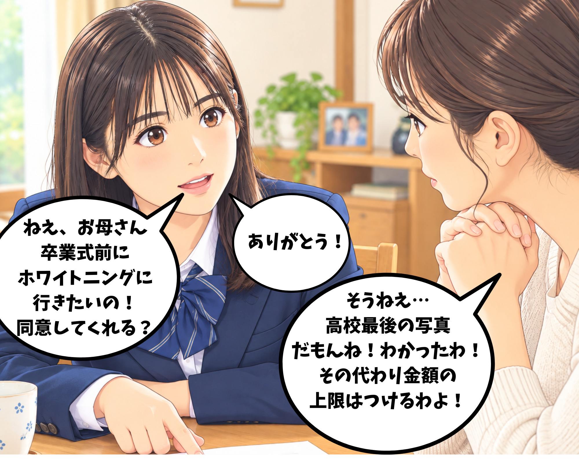 ホワイトニングの同意書について親と話し合っている高校生の女性