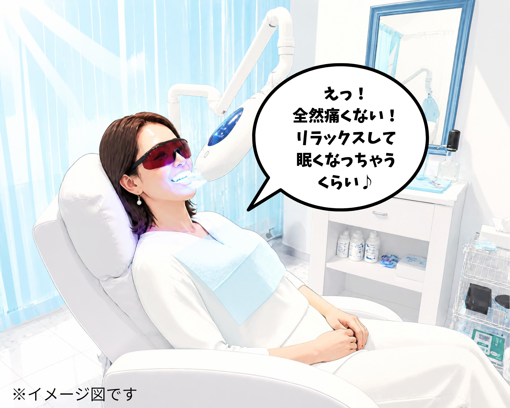 実際にホワイトニングカフェ仙台店で照射を受けて痛みや歯へのダメージ・ダメージ感がなく驚く女性のイラスト