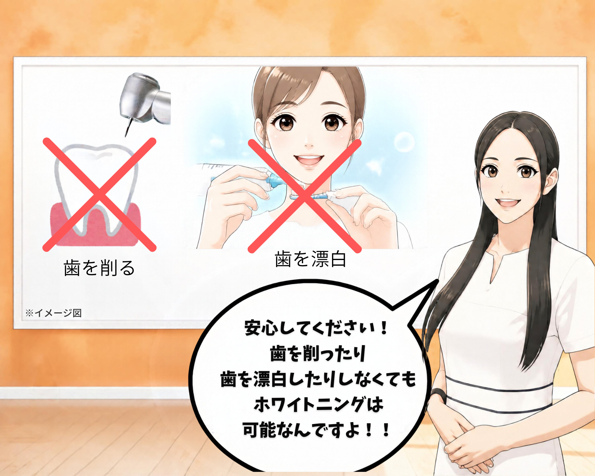 セルフホワイトニングは歯を削らないで大丈夫だと解説するスタッフ