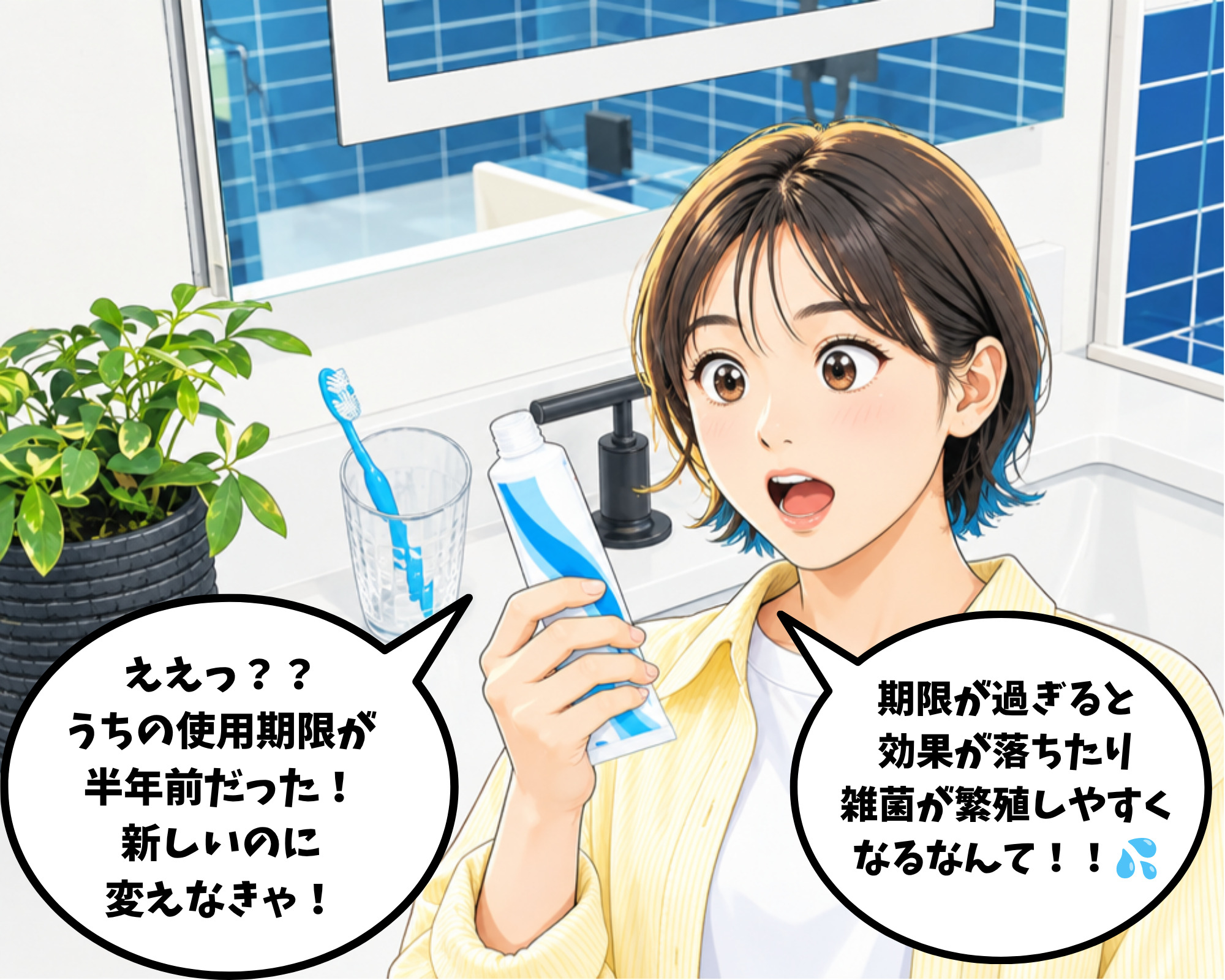 自宅で使っている歯磨き粉が半年以上前に開けたものだと気づきショックを受ける女性のイラスト