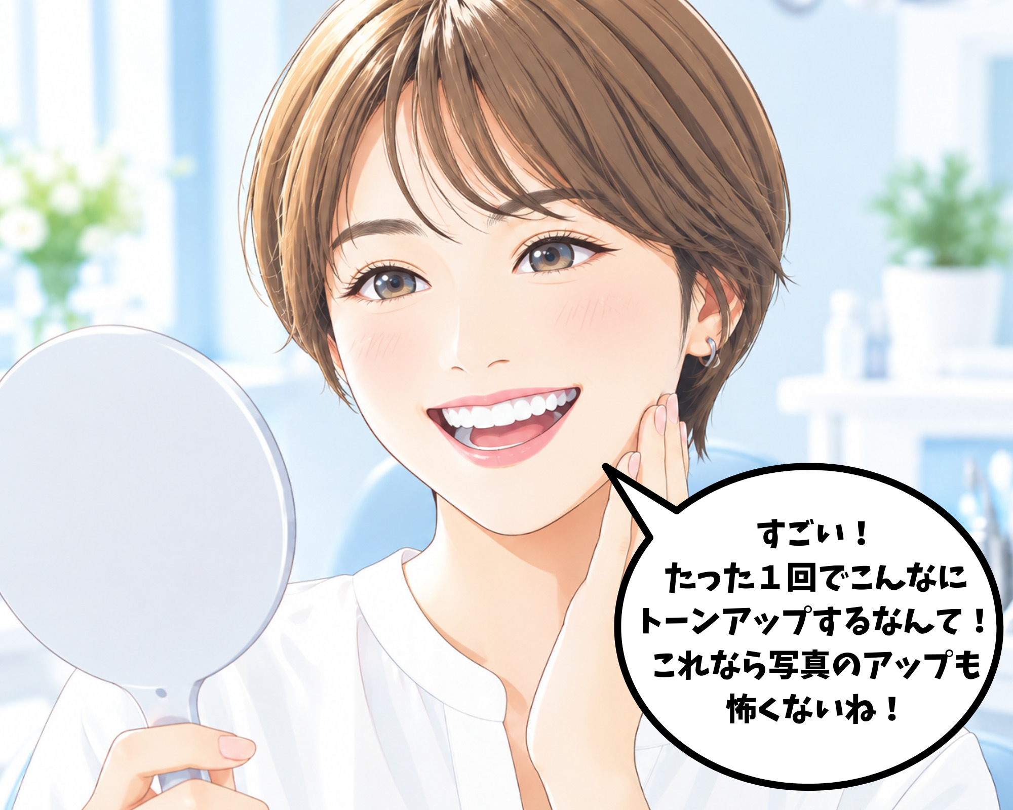 1回の施術でトーンアップと自然な白さを実感し喜ぶブライダル客 マンガ4コマ目 ホワイトニングカフェ仙台店