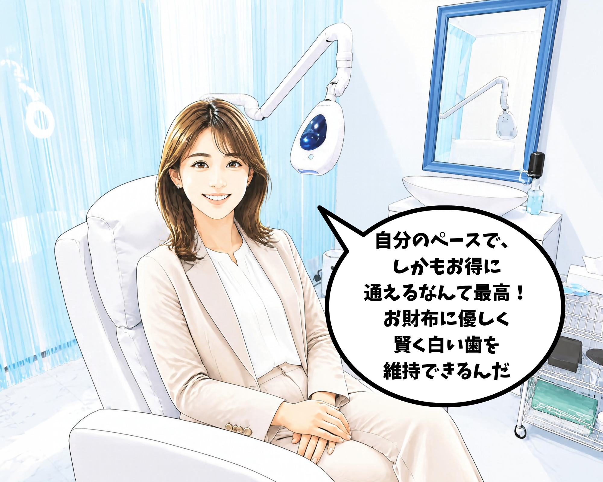 ホワイトニングの施術結果とお財布事情に満足している女性のイラスト