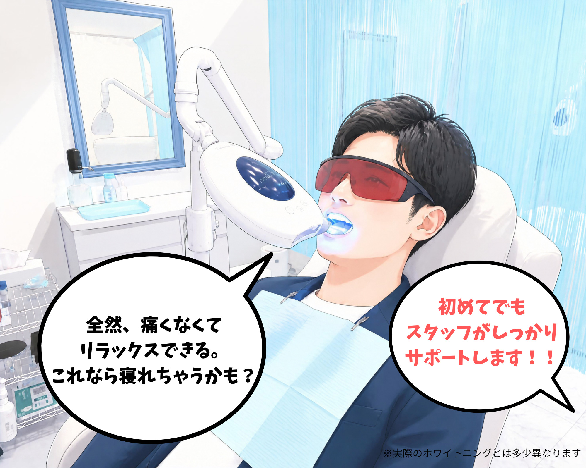 ホワイトニングカフェ仙台店で痛みもなくリラックスして施術を受けて喜ぶ男性