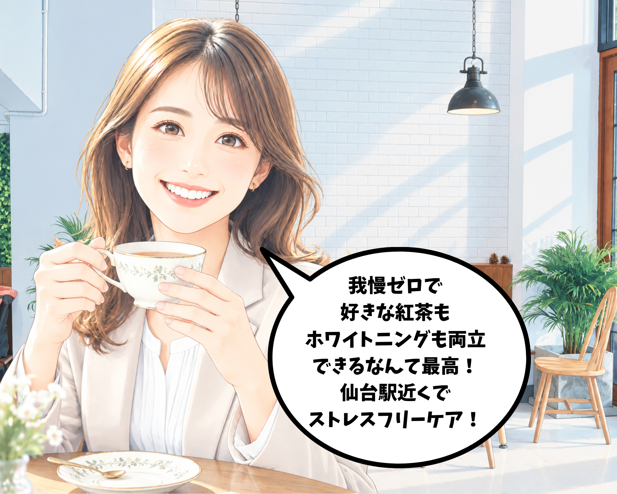 食事制限を我慢せずに大好きな紅茶を楽しんで笑顔になる女性の4コマ漫画4コマ目オチ
