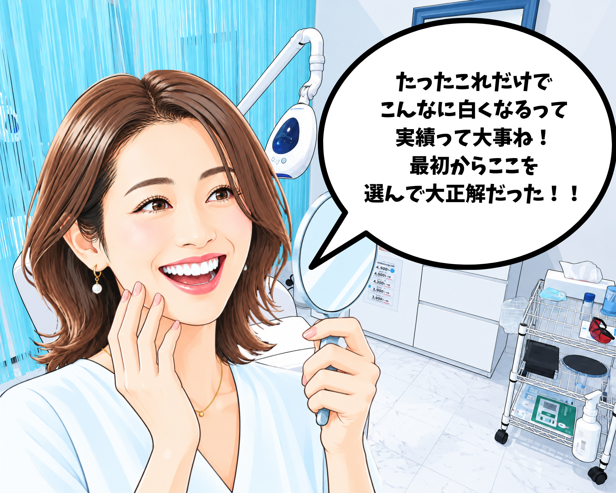 手持ちの鏡で歯が白くなっているのを見て笑顔で喜んでいる女性のイラスト