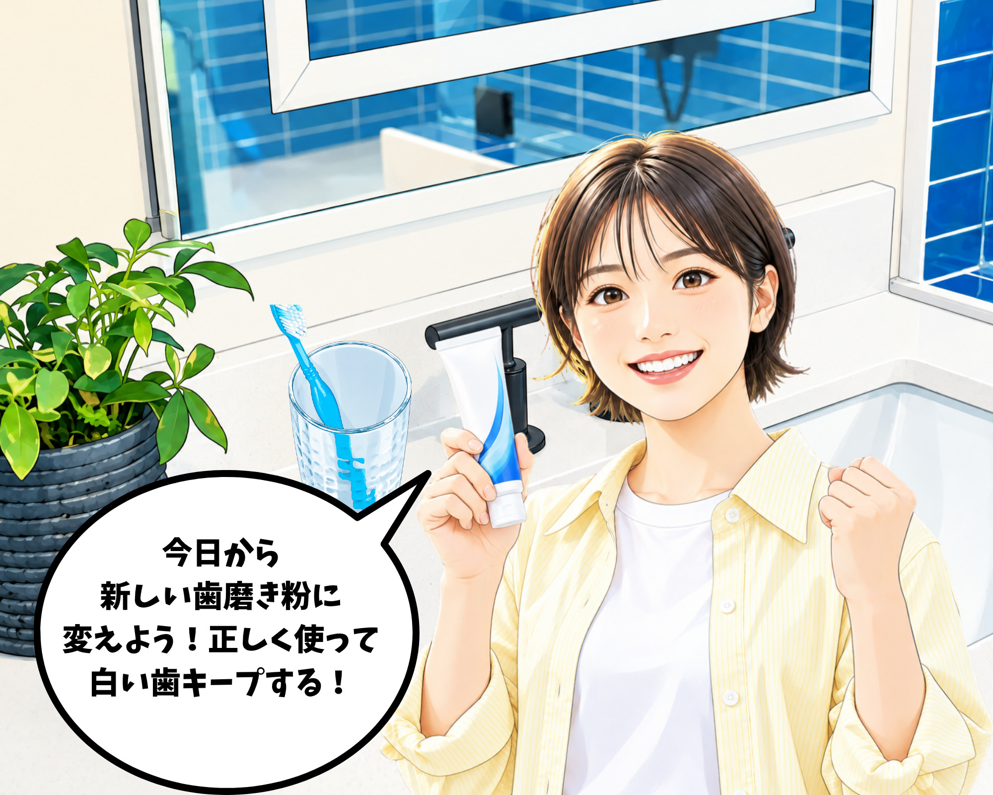 新しい歯磨き粉に買い替えて歯科医師監修の正しい歯磨きケアを実践しようと決意する女性のイラスト