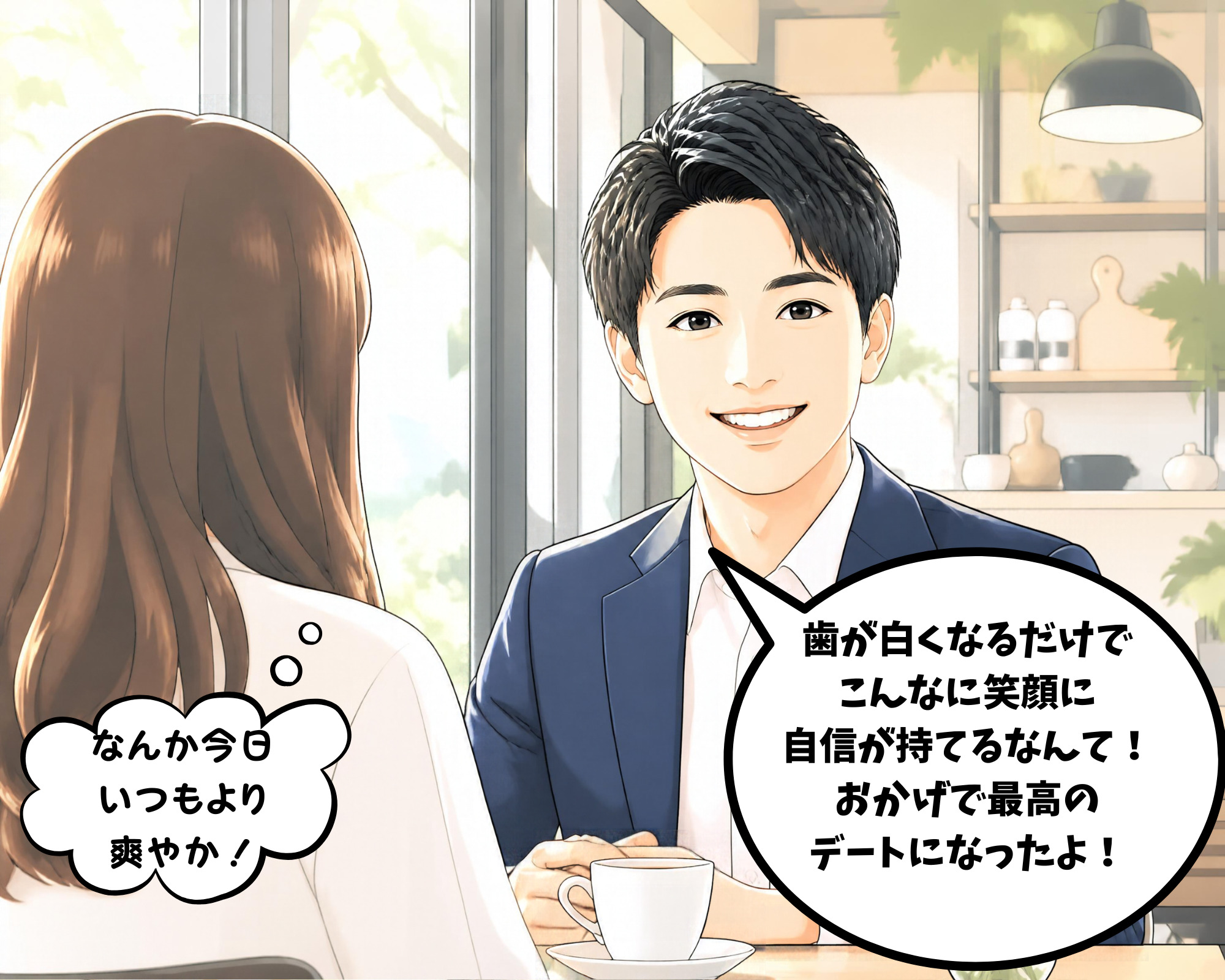 ホワイトニングで爽やかな笑顔になり最高のデートを楽しむ男性と、それを見て喜ぶ女性のイラスト