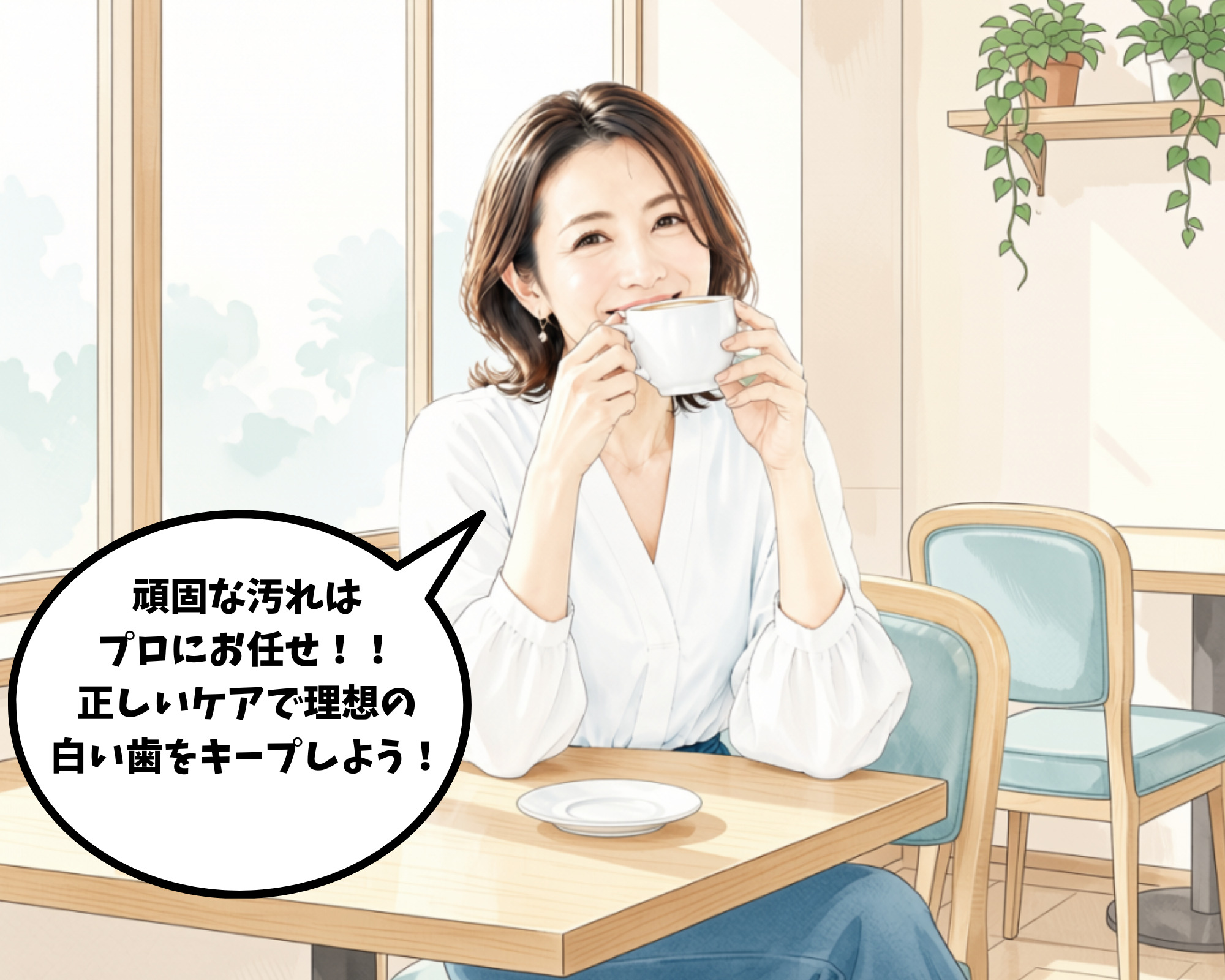 歯磨き粉で落ちないガンコな汚れは仙台駅前のプロにお任せして理想の白い歯を手に入れる笑顔の女性のイラスト