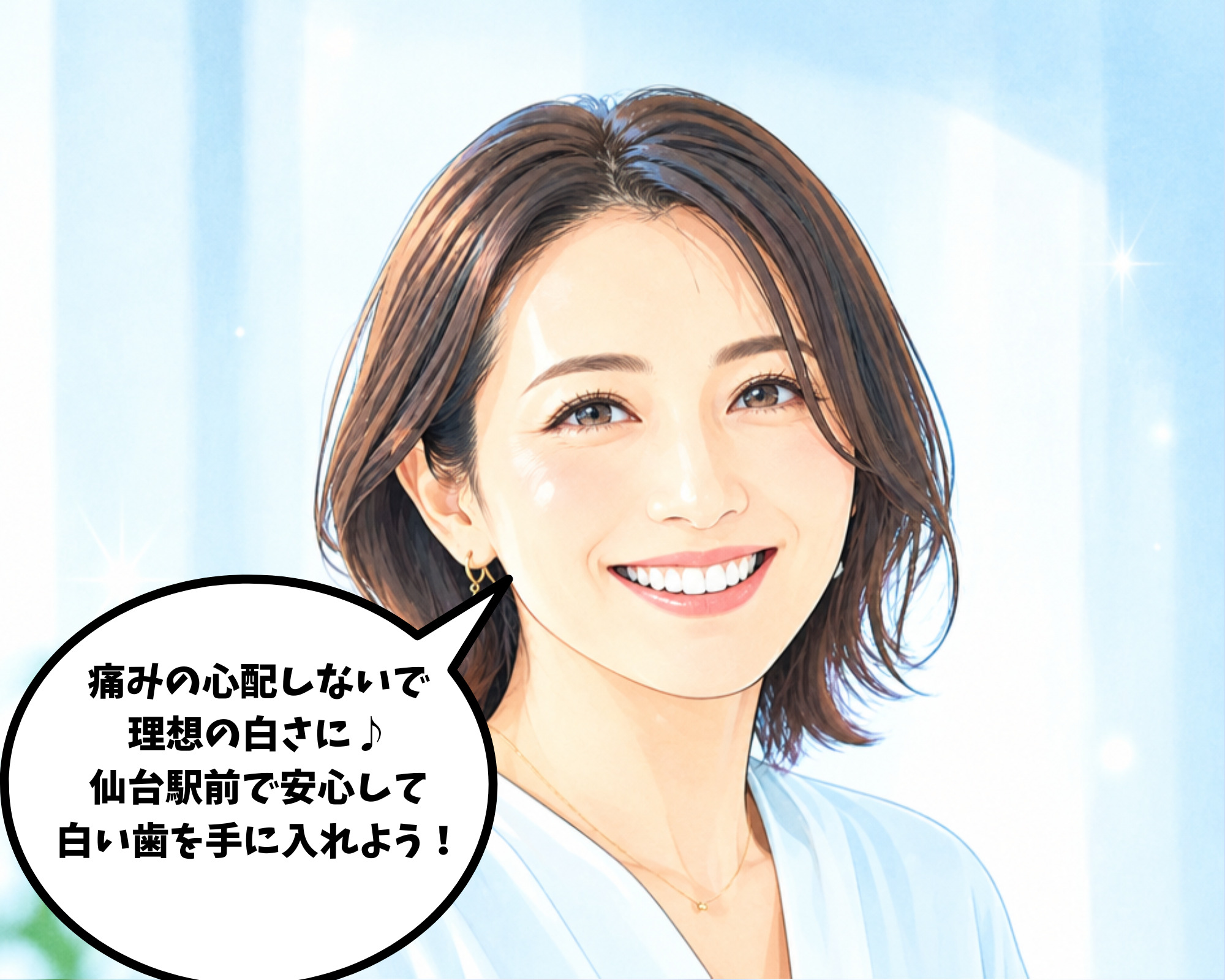 歯の痛みの心配をせず仙台駅近くのサロンで安心して白い歯を手に入れ笑顔を見せる女性のイラスト