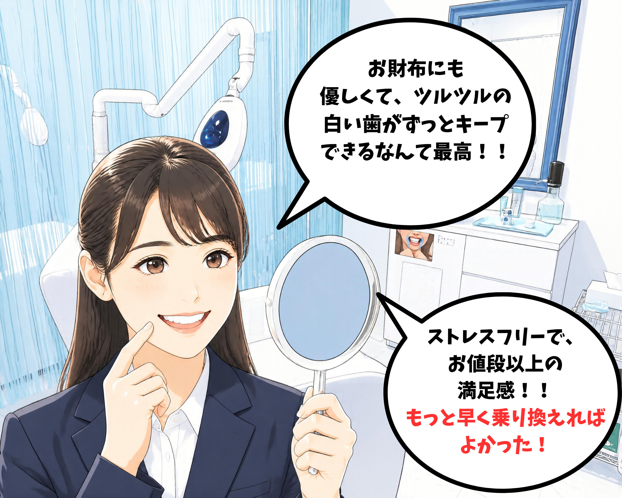 ホワイトニングカフェ仙台店のサブスクで施術を受けてすっかり気に入っている女性のイラスト