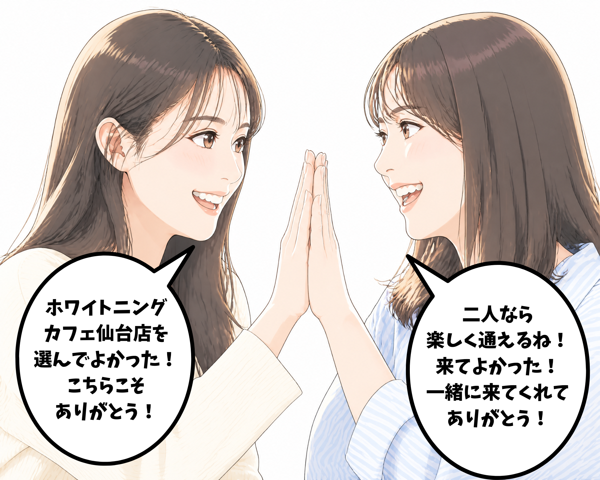 ホワイトニングカフェ仙台店を選んでよかったと感謝し合う友達同士