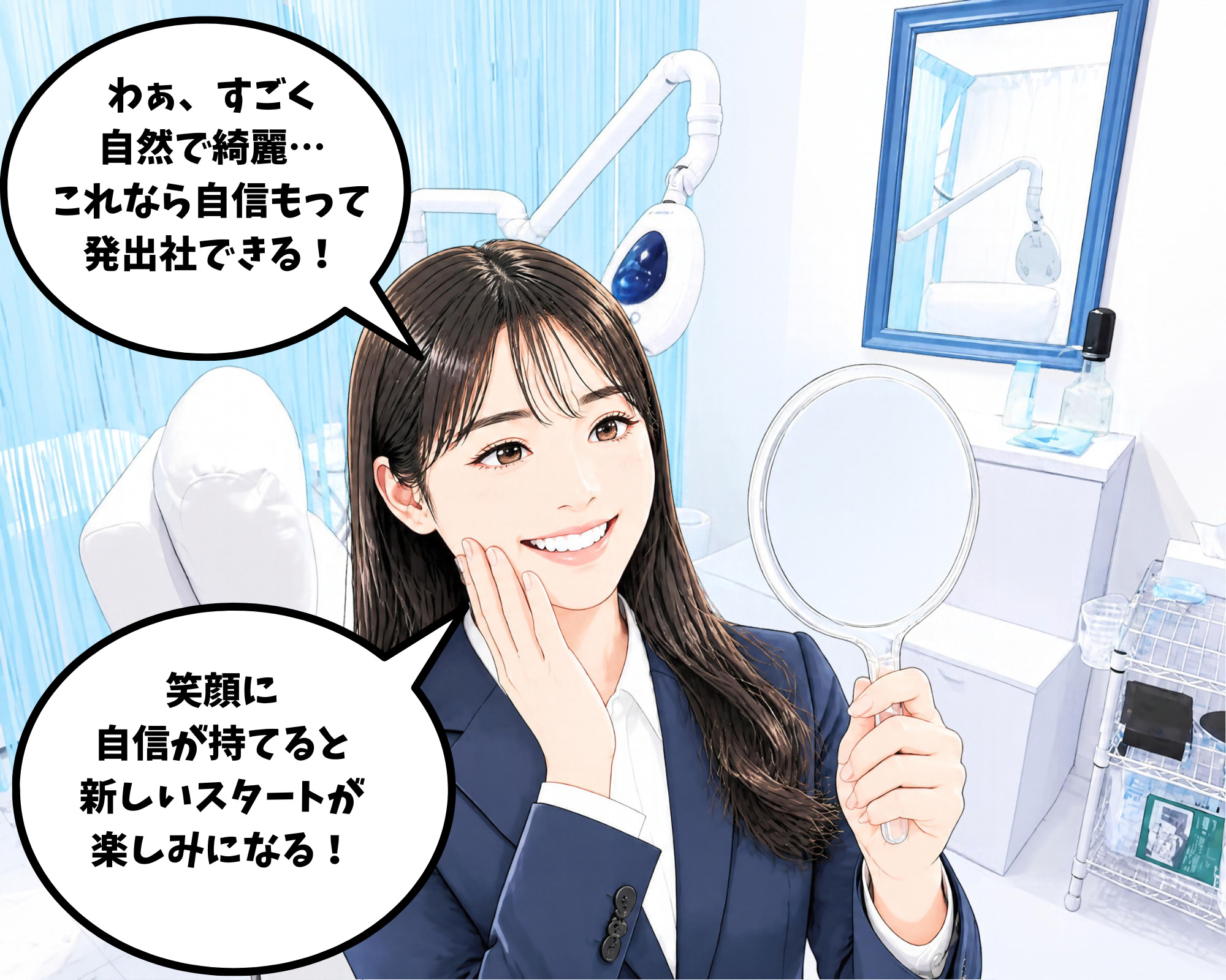 ホワイトニングの施術を受けて出社前に自信がついたと喜んでいる女性のイラスト