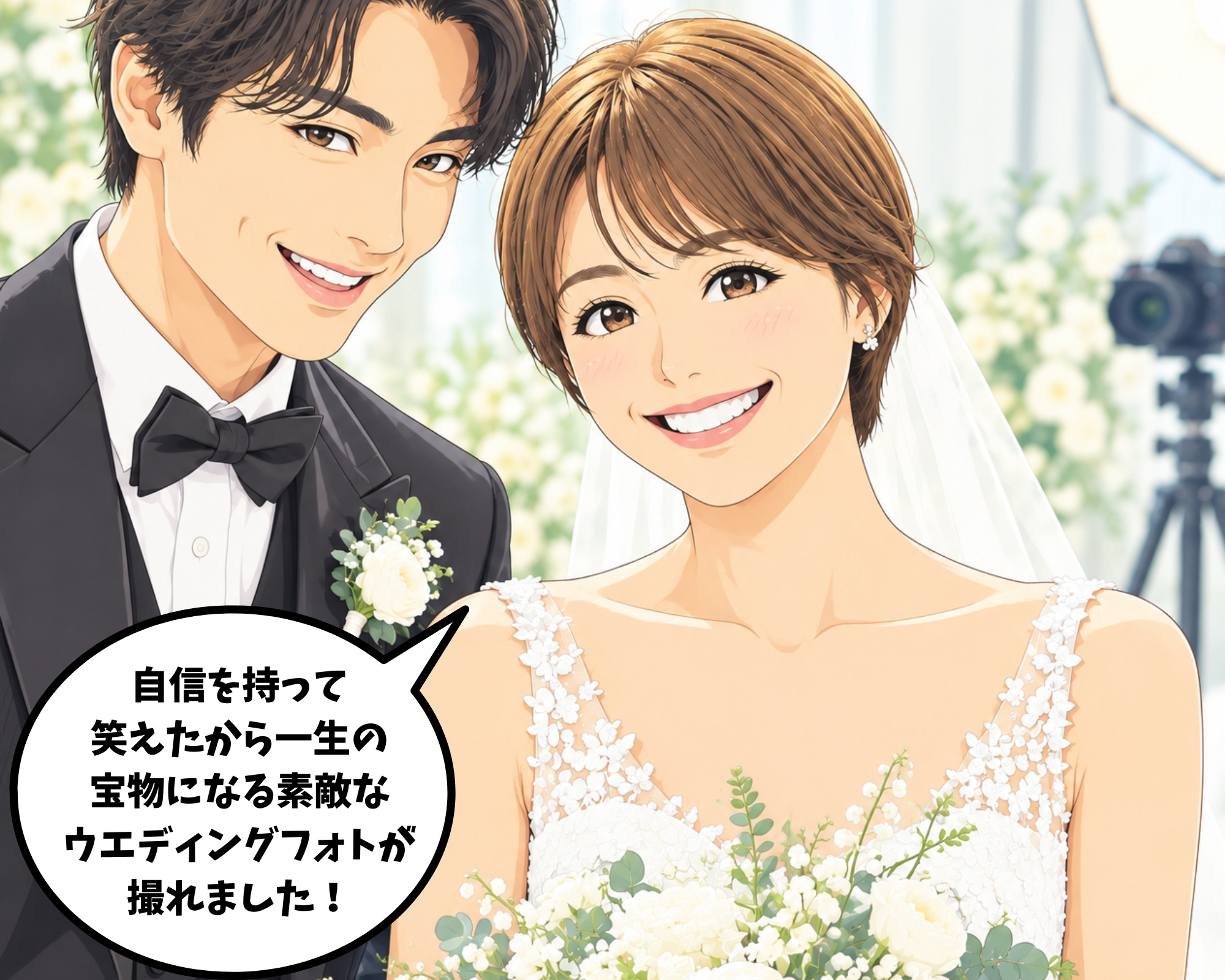 白い歯と最高の笑顔で満足のいくウェディングフォトが撮影できた二人 マンガ5コマ目 ホワイトニングカフェ仙台店