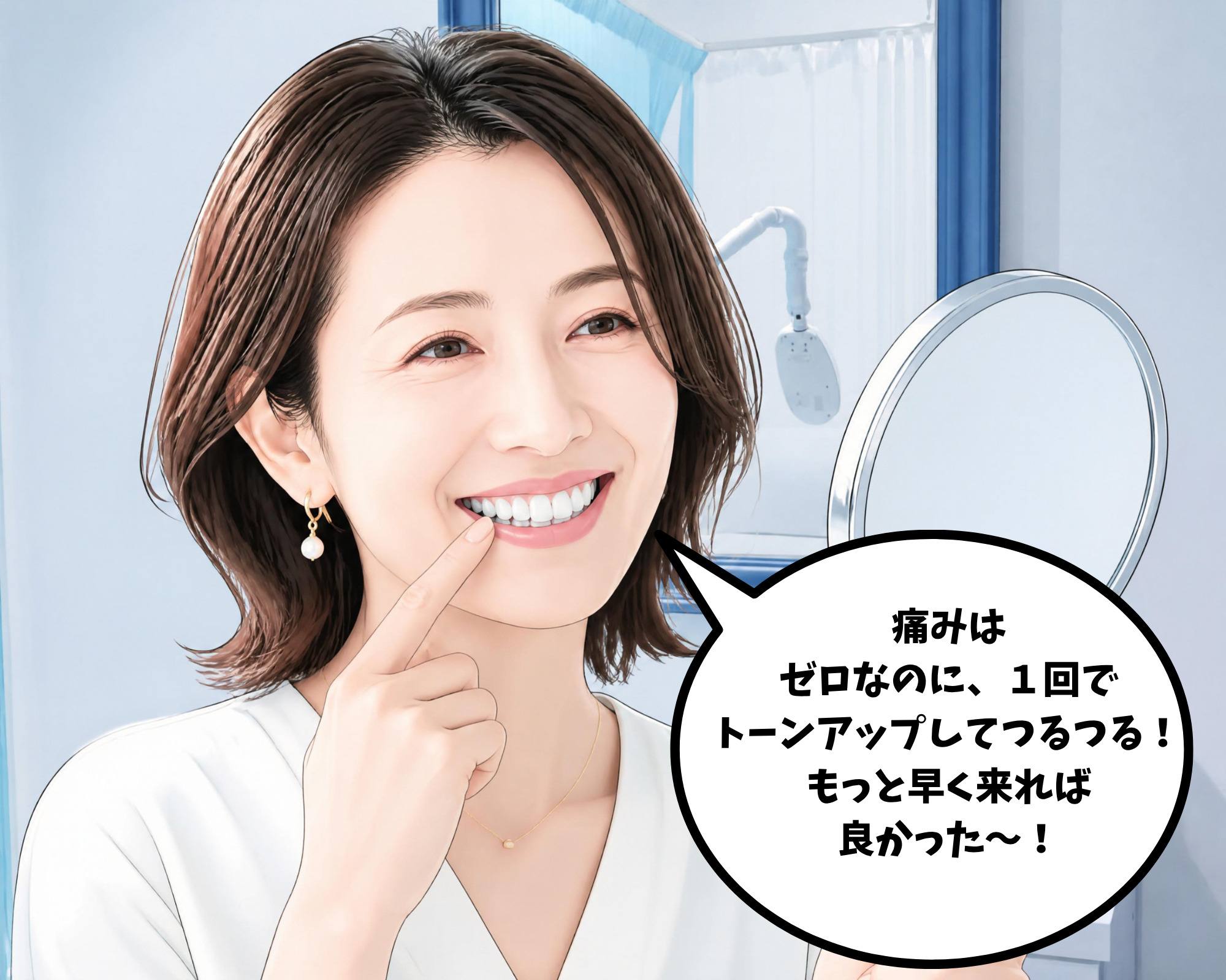 痛みがないのに1回の施術で歯が白くなったことに喜んでいる女性のイラスト