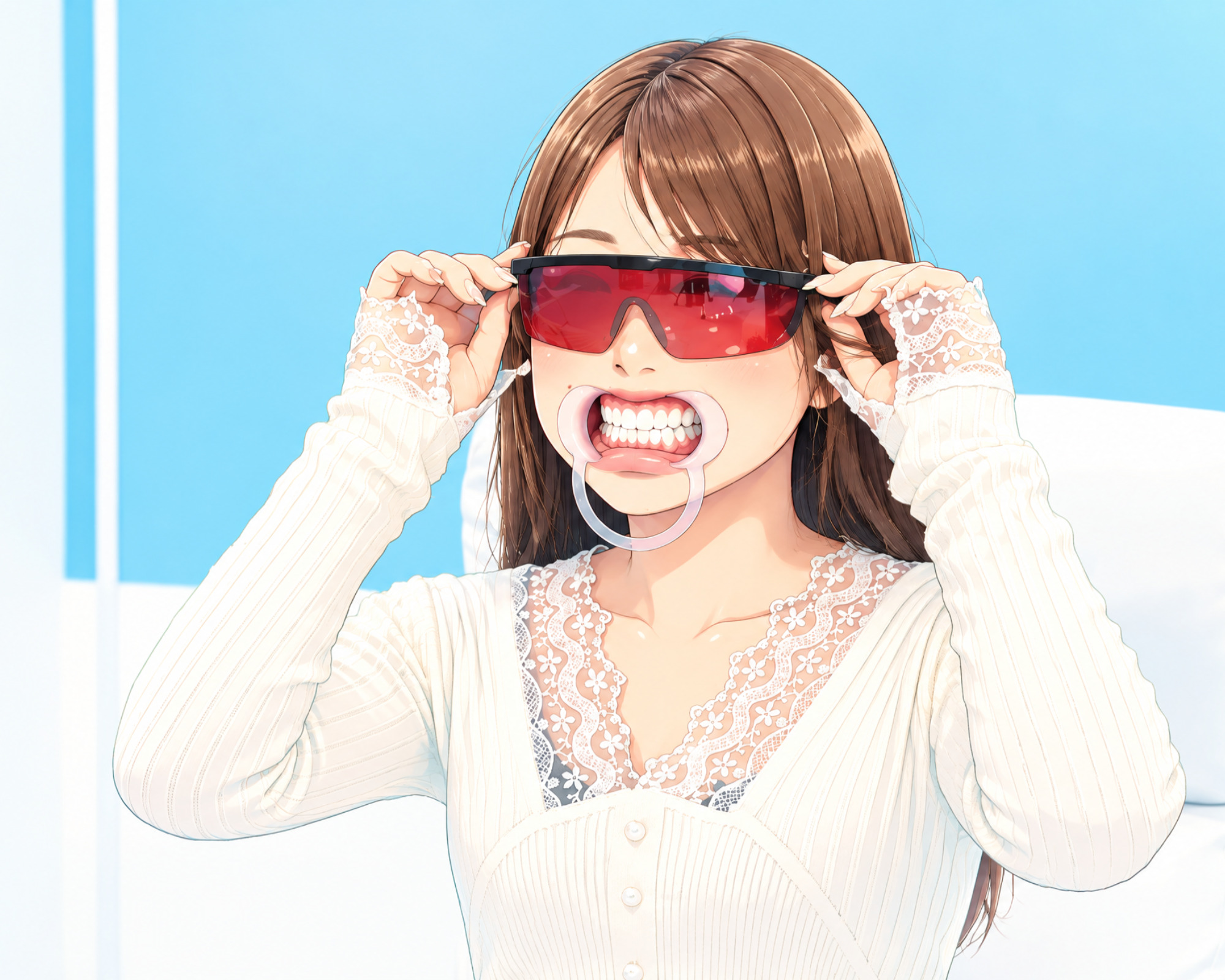 LEDの光から目を保護するためにサングラスをかけている様子