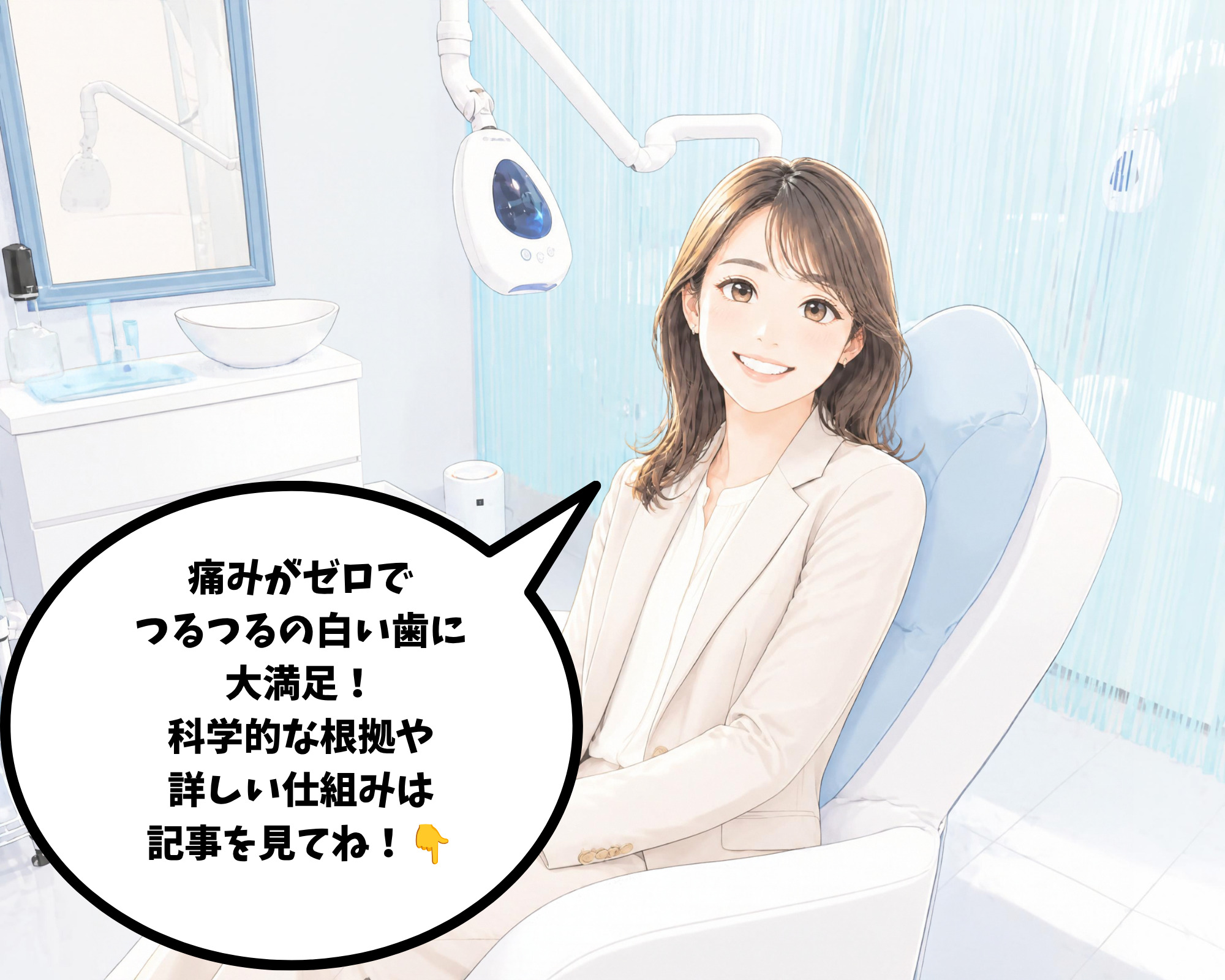 ホワイトニングカフェ仙台店で痛みなく歯が白くなって満足している女性