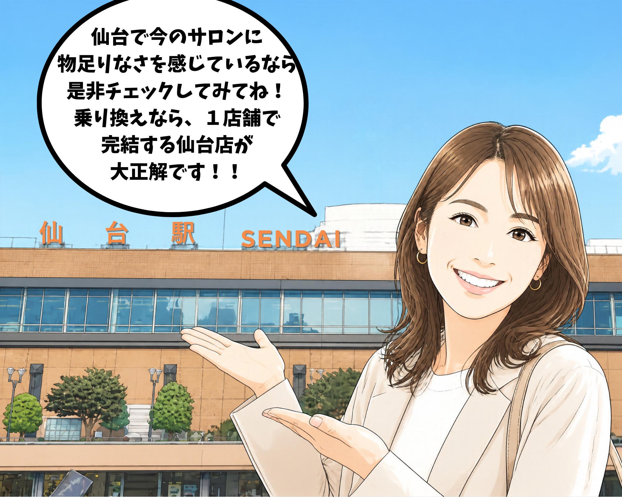 仙台でホワイトニングの乗り換えをするならホワイトニングカフェが正解だとおすすめしている女性のイラスト