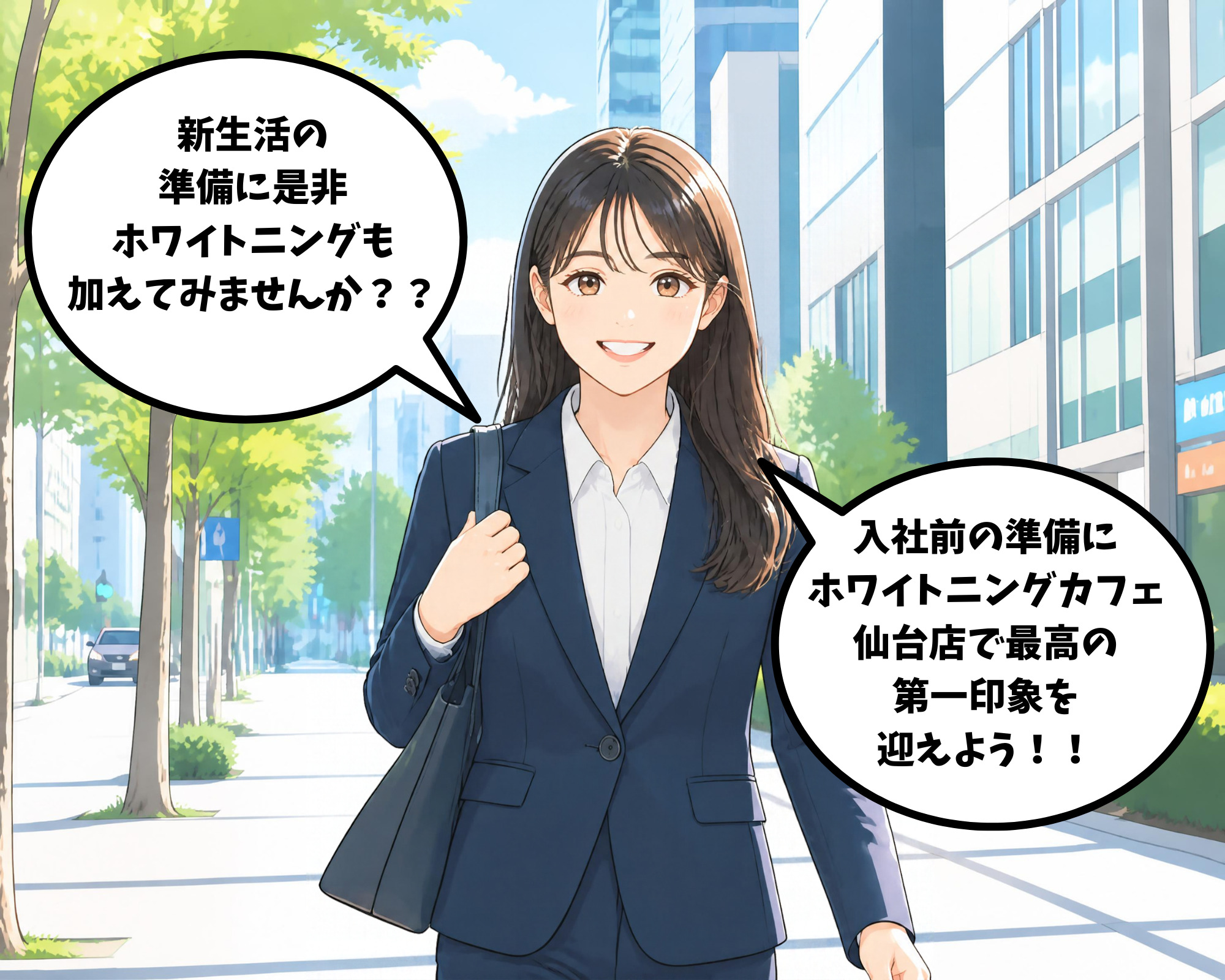 入社前の準備にホワイトニングで自信をつけて読者におすすめしている女性のイラスト