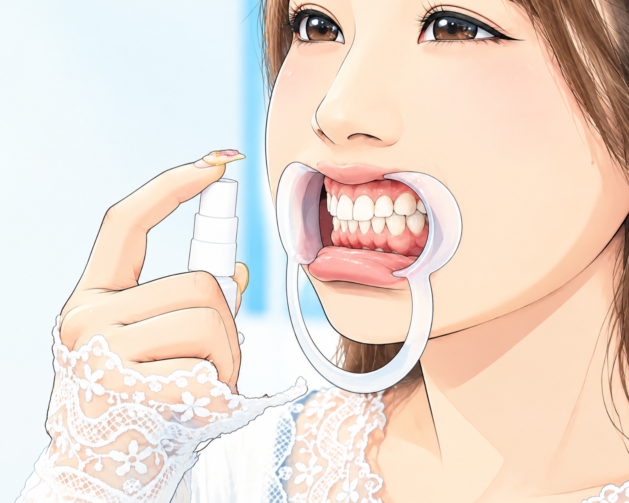 歯に安心安全な酸化チタン入りのオリジナル溶液を噴霧している様子