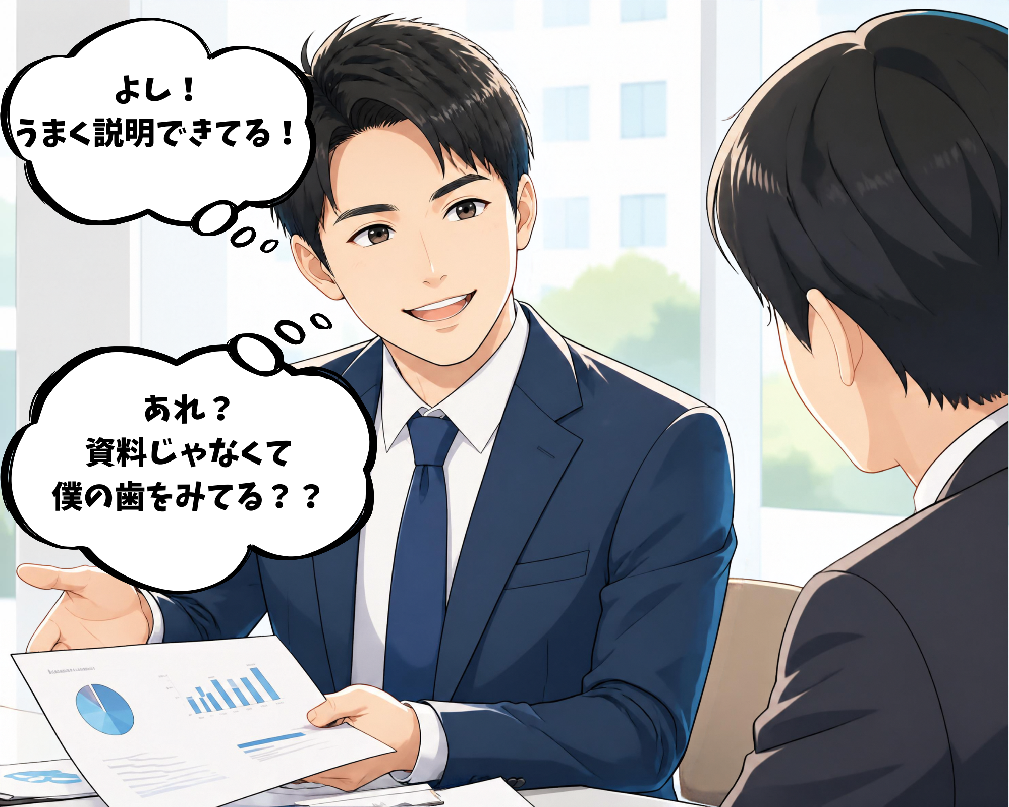 商談中に相手の視線が歯の黄ばみに向いているのを感じる男性