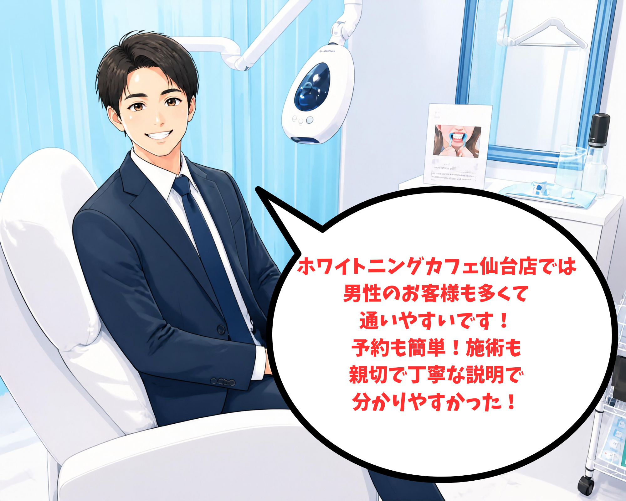仙台店は男性の利用も多く丁寧な説明で初心者も安心なセルフホワイトニング